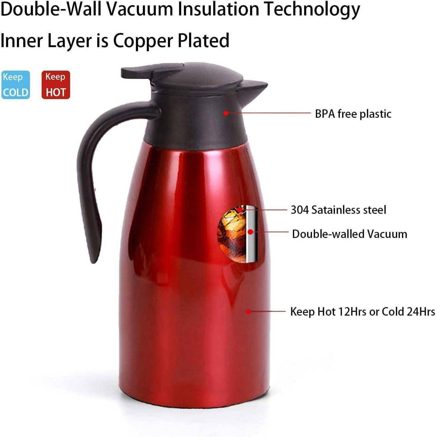 Thermoskanne 2L Edelstahl Vakuum Verschluss QuickTip Rot