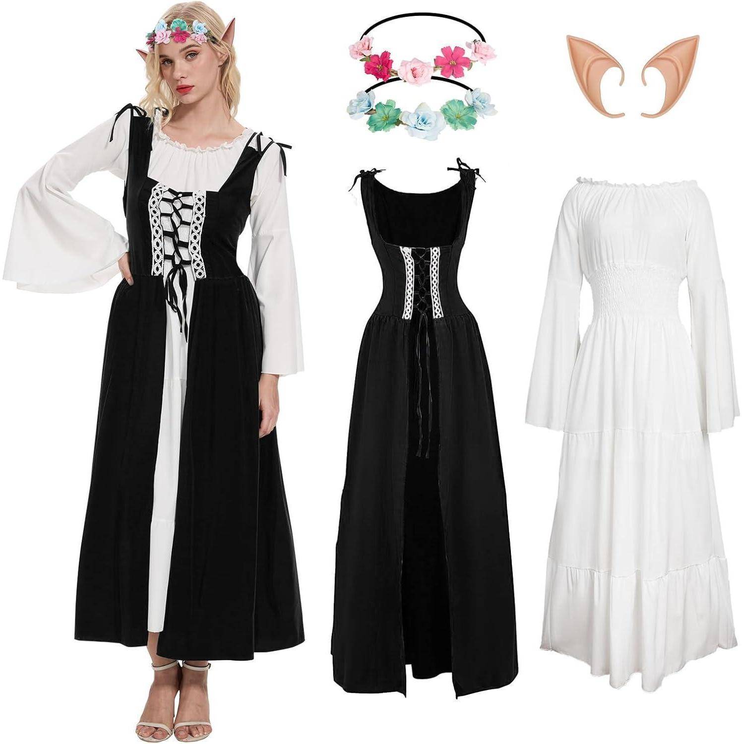 Eine Frau trägt ein Elf-Kostüm: ein schwarzes Kleid mit weißen Spitzen, ein langärmeliges weißes Unterkleid, einen Blumen-Haarreif und Elfenohren.
