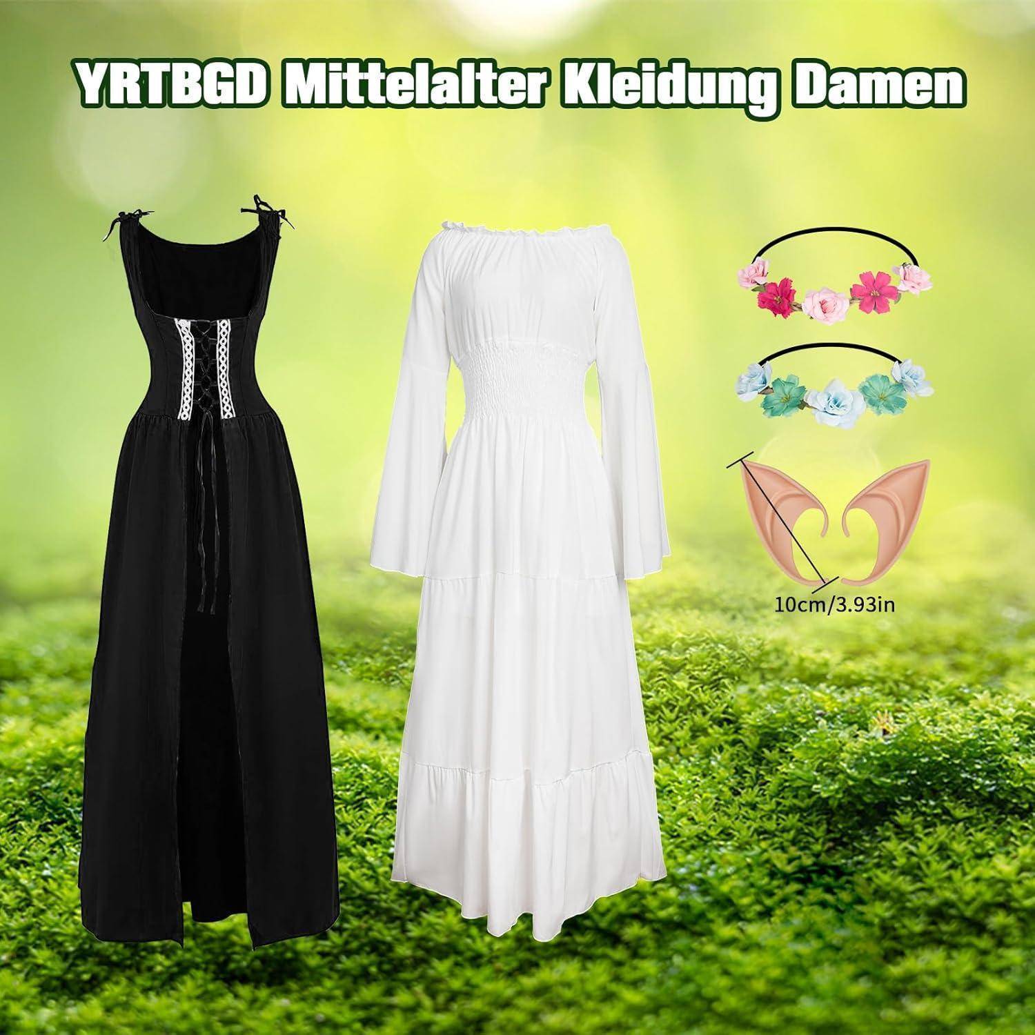 Schwarz-weiße mittelalterliche Kleider für Frauen ausgestellt. Enthält florale Haarreife und Elfen-Ohren-Accessoire. Überschrift: 'YRTBGD Mittelalter Kleidung Damen'.