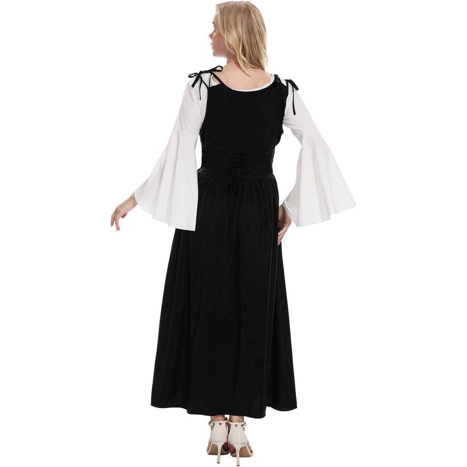 Eine Person in einem Vintage-Stil Kleid in Schwarz mit weißen Glockenärmeln steht mit dem Rücken zum Betrachter. Das Kleid verfügt über Schulterbänder und eine taillierte Passform.