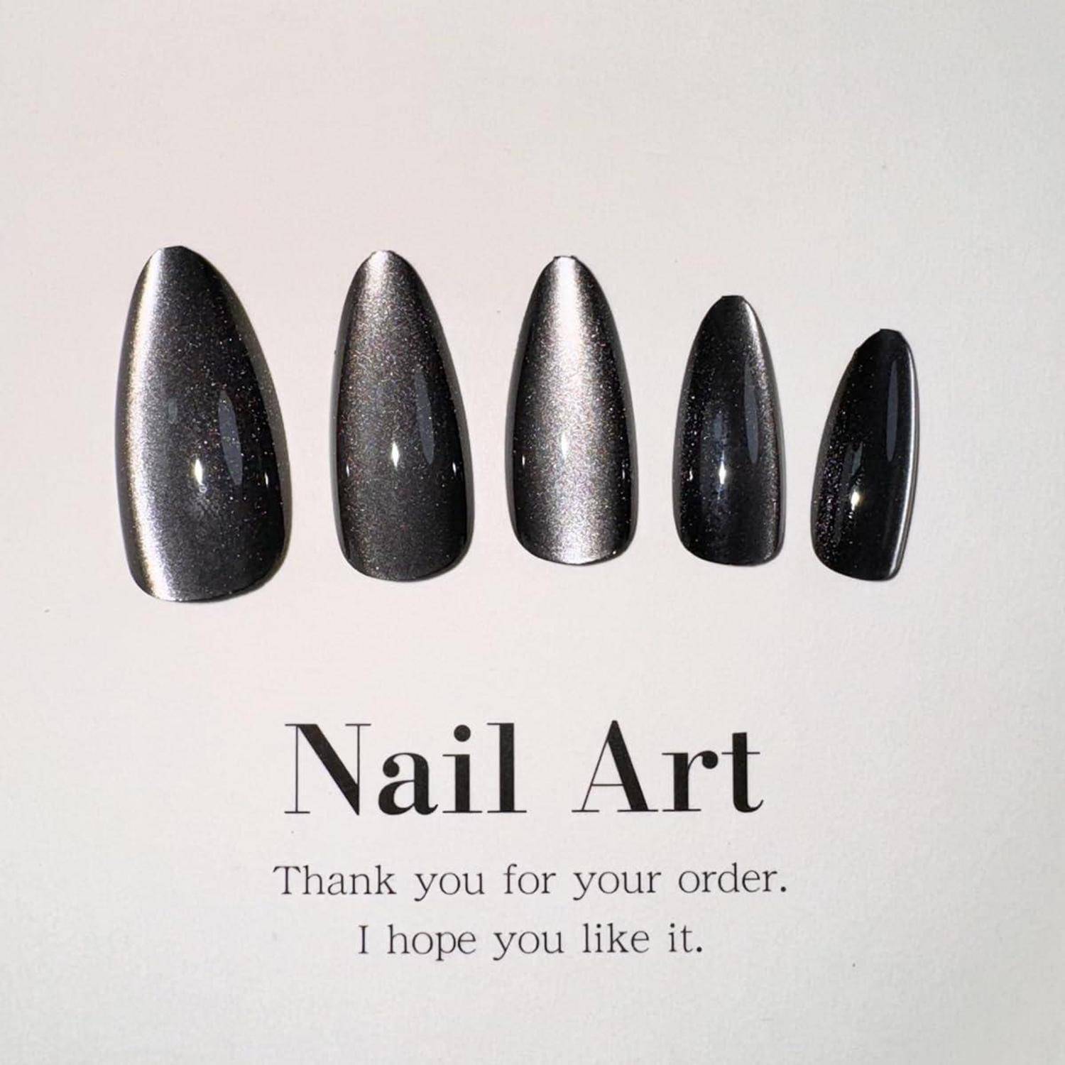 Künstliche Fingernägel Almond Schwarz Cat Eye Magnetic Kurz CA-A1