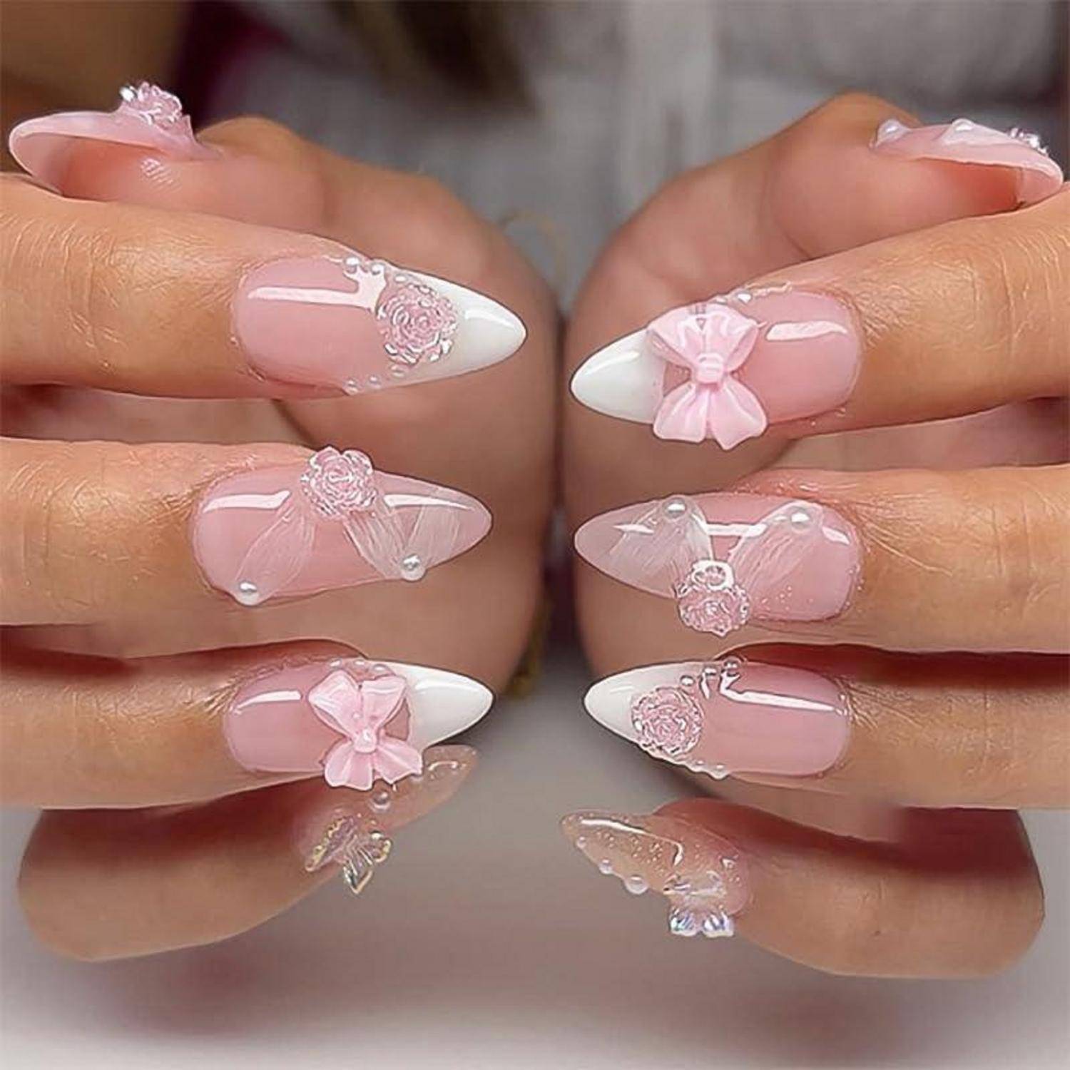Press On Nails Kurz Almond French Rosa Perle Y2K AKC15