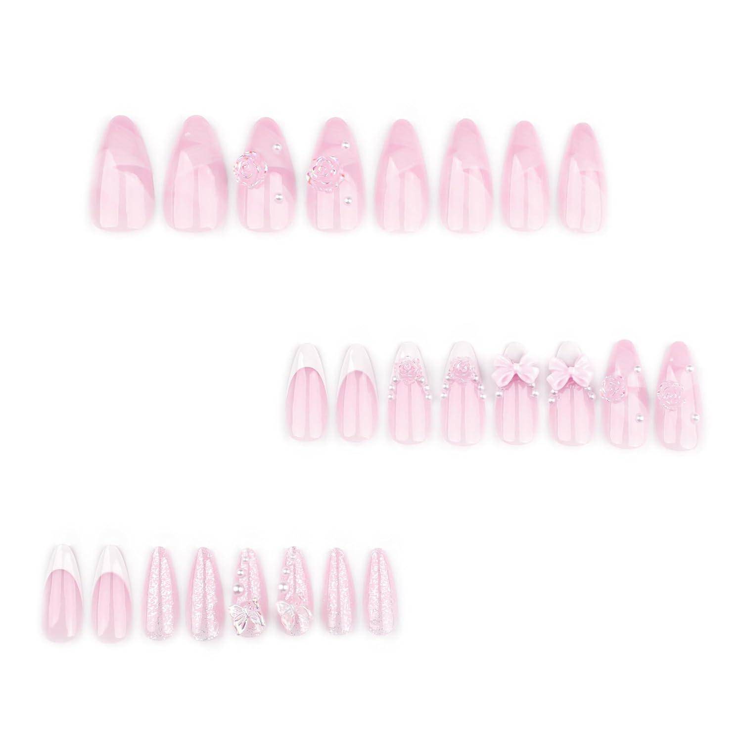 Press On Nails Kurz Almond French Rosa Perle Y2K AKC15