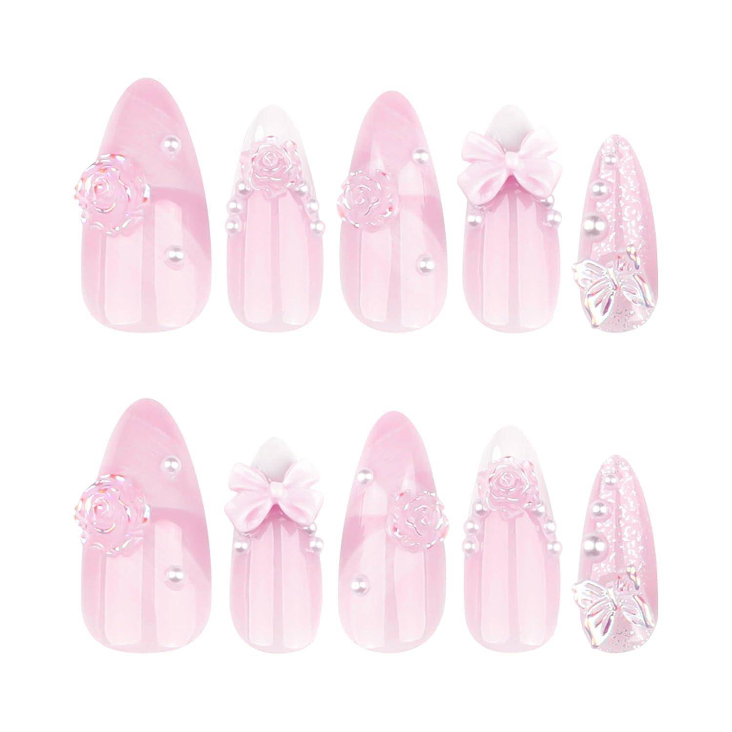 Press On Nails Kurz Almond French Rosa Perle Y2K AKC15