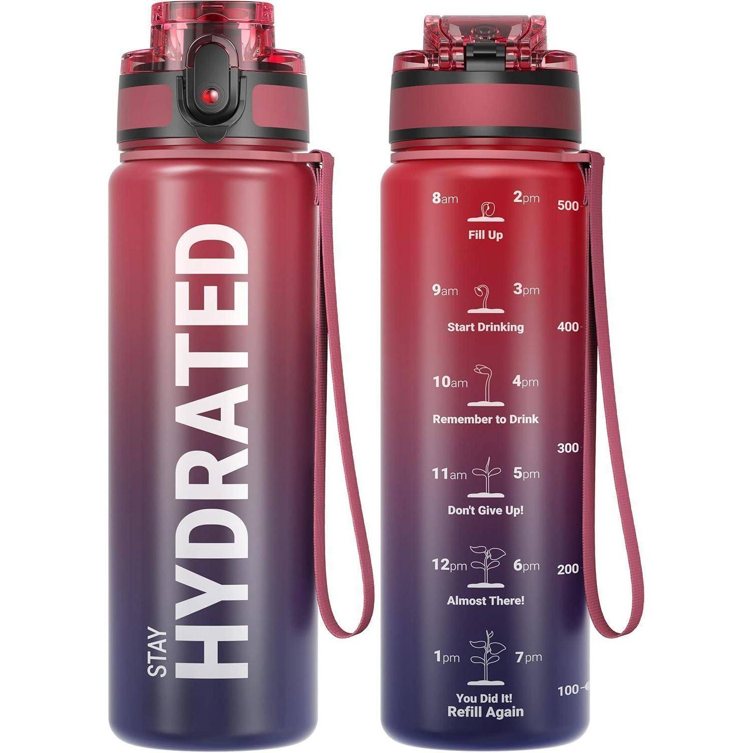 Wasserflasche mit Ombré-Design, motivierenden Zeitmarkierungen von 8 Uhr morgens bis 19 Uhr, mit 'Bleib hydriert' Erinnerung.