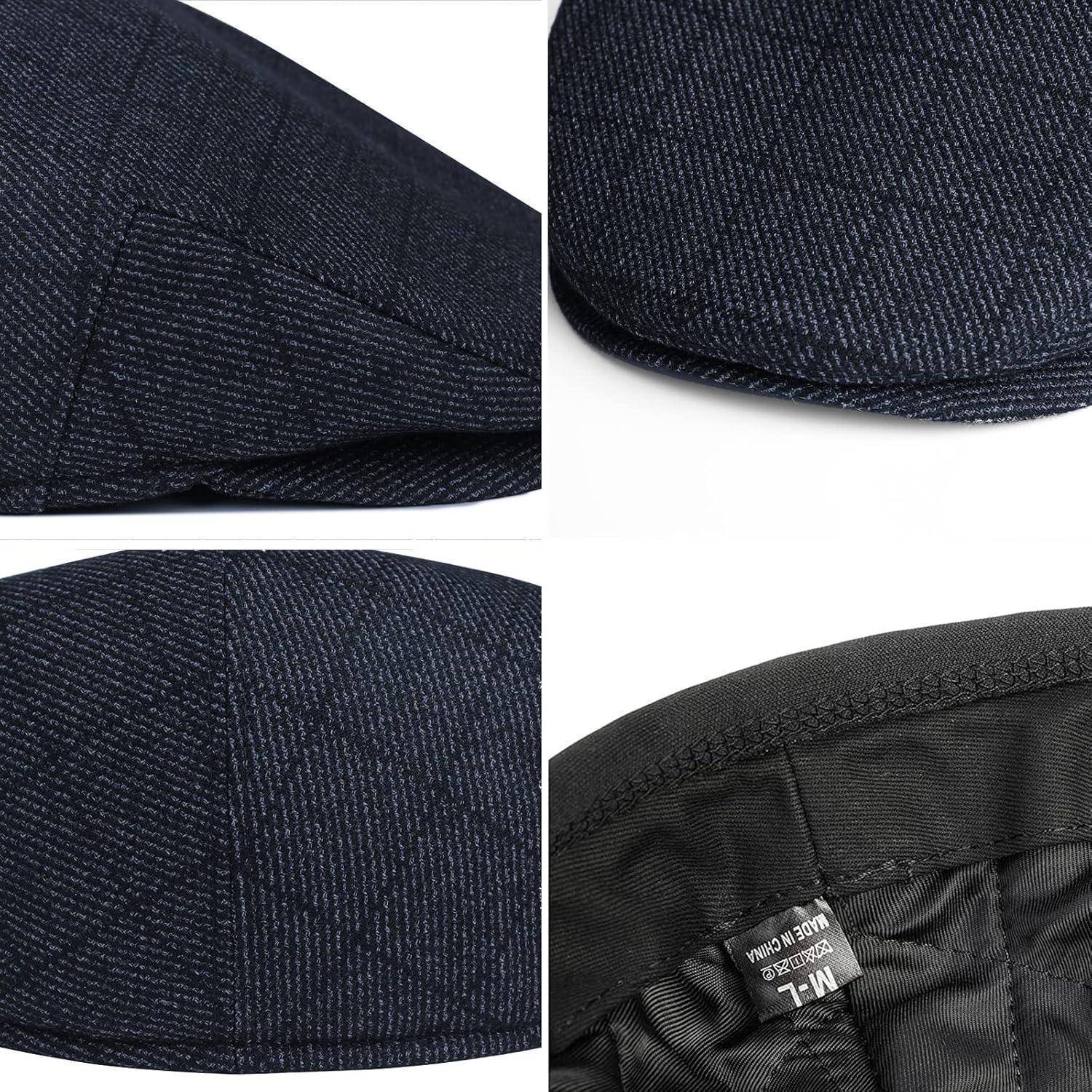 Nahaufnahme einer dunkelblau gemusterten Flat Cap, die verschiedene Winkel zeigt. Das Innenetikett gibt die Größe M-L und 'Made in China' an.