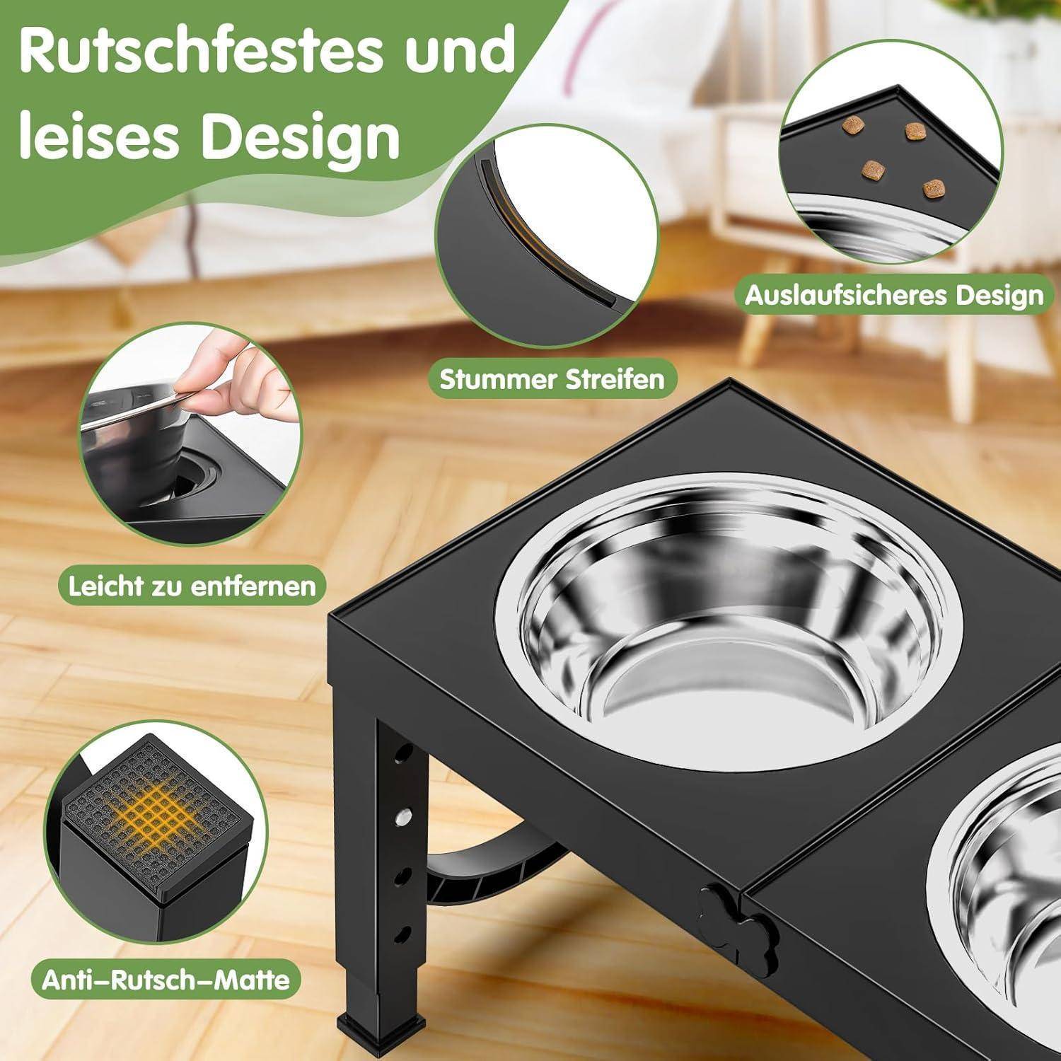 Design mit rutschfester und geräuscharmer Ausführung wird veranschaulicht und betont Eigenschaften wie auslaufsichere Kanten und eine rutschhemmende Unterlage.