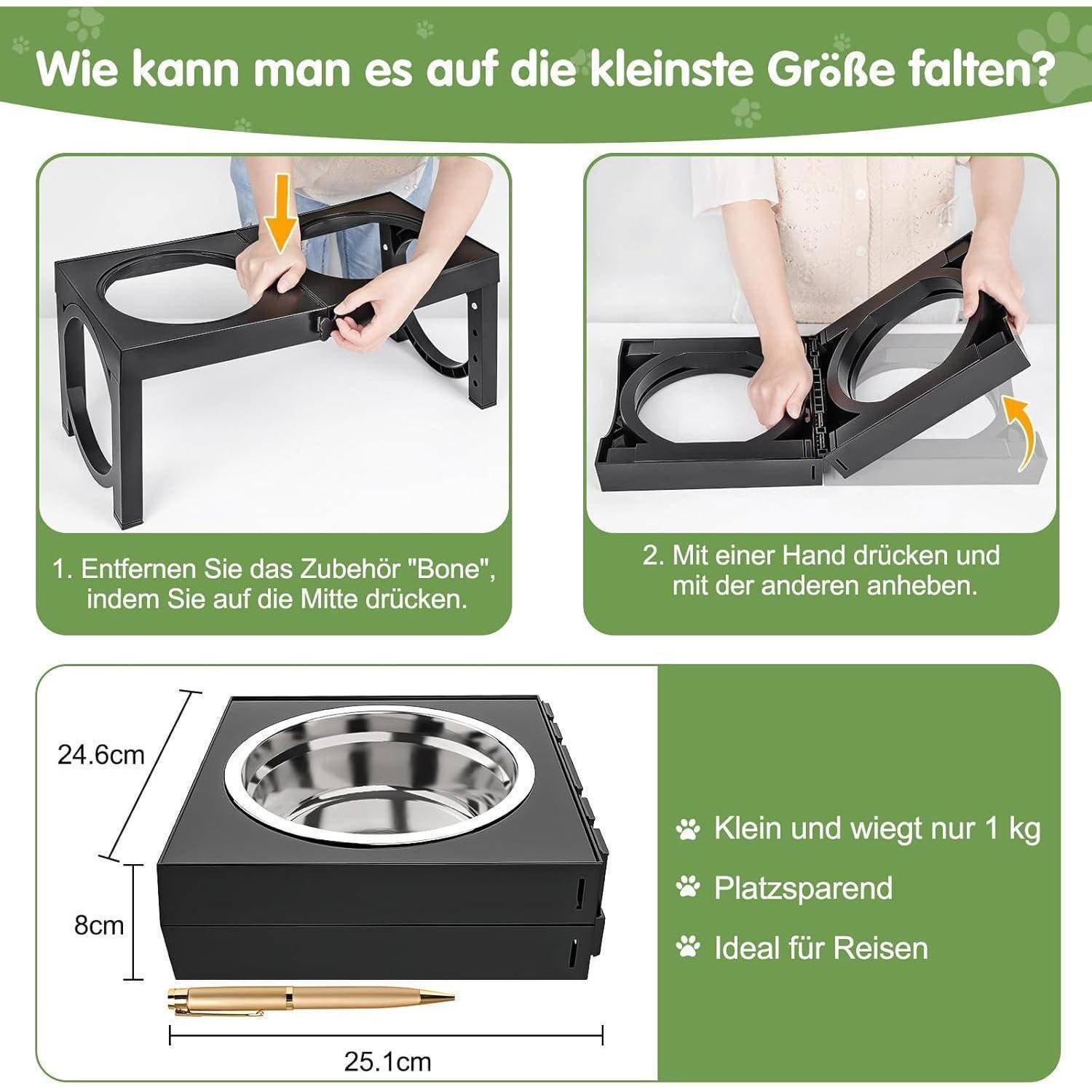 Das Bild zeigt eine faltbare Haustier-Futternäpfe-Anordnung. Schritt-für-Schritt-Anleitung: 1. Zubehörteil 'Knochen' entfernen und Mitte drücken. 2. Eine Seite mit der Hand anheben. Abmessungen: 24,6 cm x 25,1 cm x 8 cm. Leicht, platzsparend, reisefreundlich.