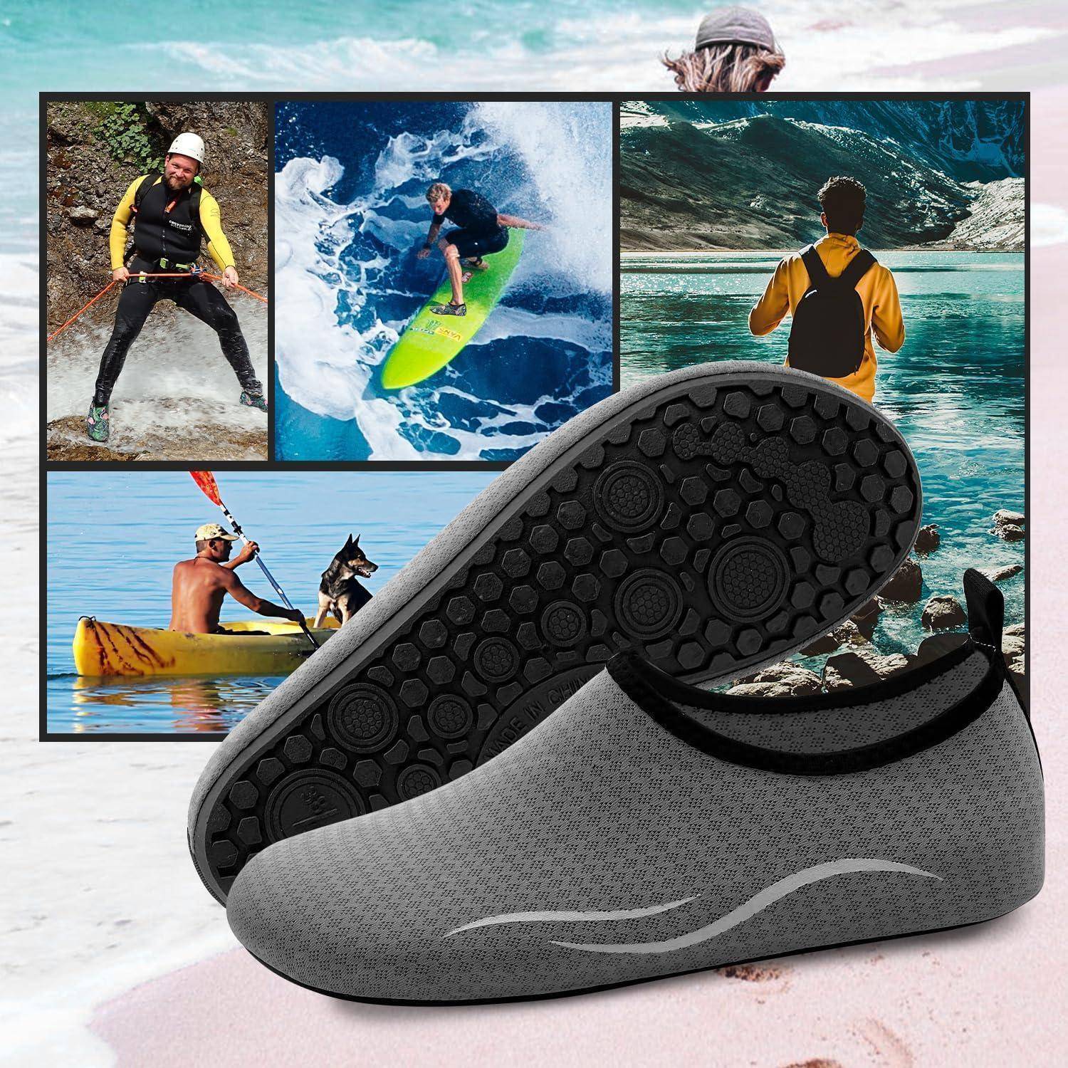 Ein Paar graue Slip-on-Schuhe mit schwarzer Einfassung wird im Vordergrund präsentiert. Im Hintergrund zeigen vier Bilder Outdoor-Aktivitäten: Kajakfahren, Surfen, Wandern und Klettern.