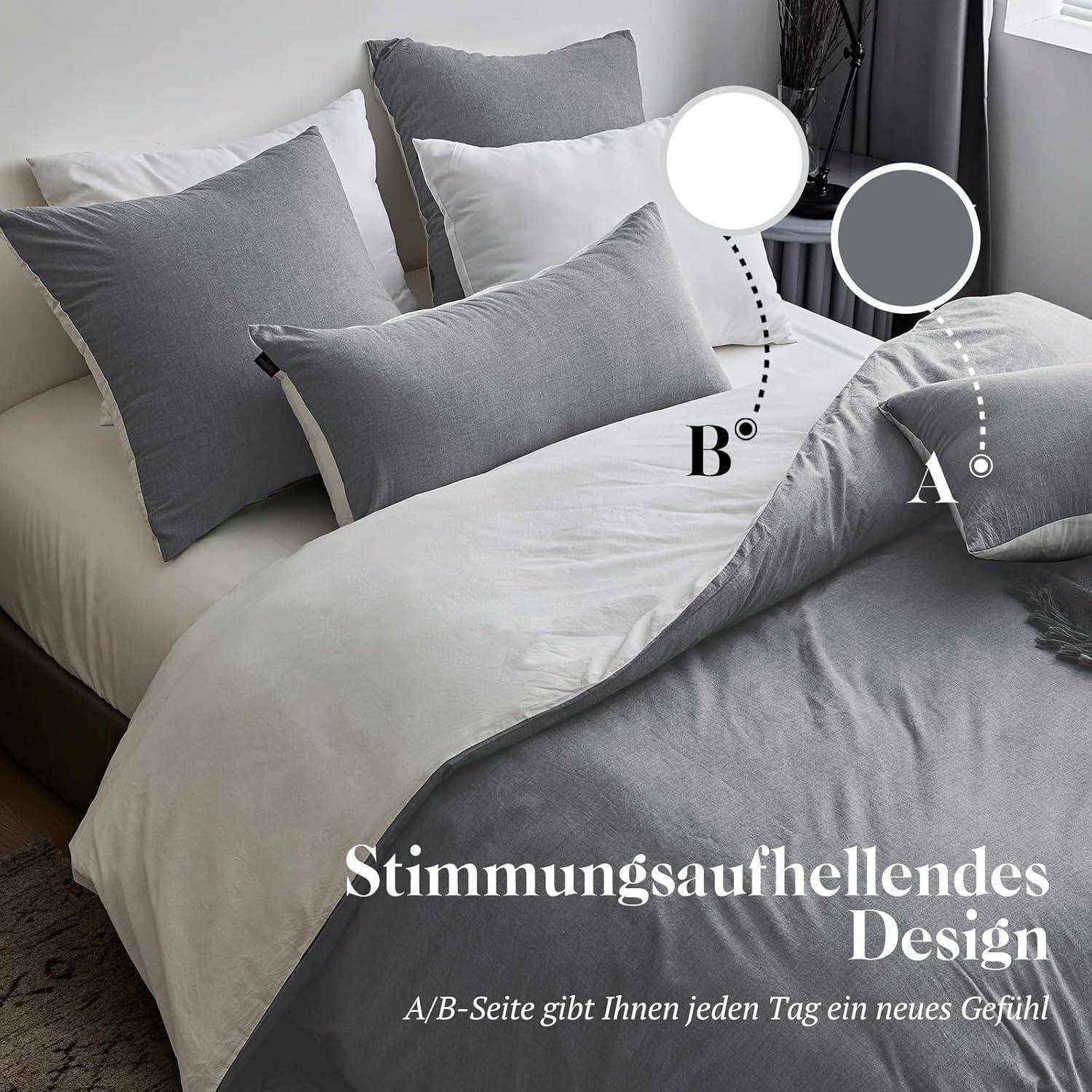 Ein Bett mit grauen und weißen Kissen, mit den Etiketten 'A' und 'B', deutet auf ein stimmungsaufhellendes Design hin. Deutscher Text: 'Stimmungsaufhellendes Design'.