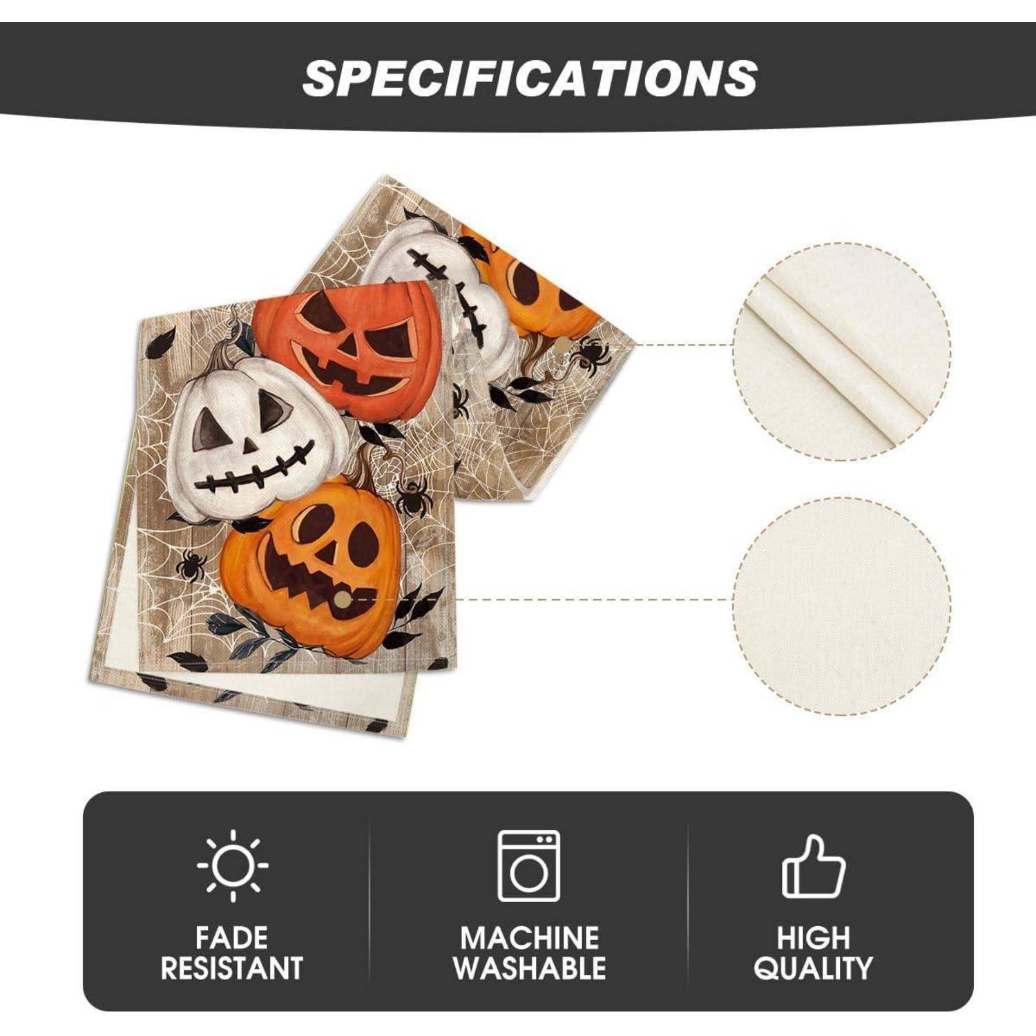 Spezifikationen Bild von Halloween-themenbezogenen Handtüchern mit Kürbis-Designs. Etiketten heben Merkmale hervor: farbecht, maschinell waschbar, hochwertig.