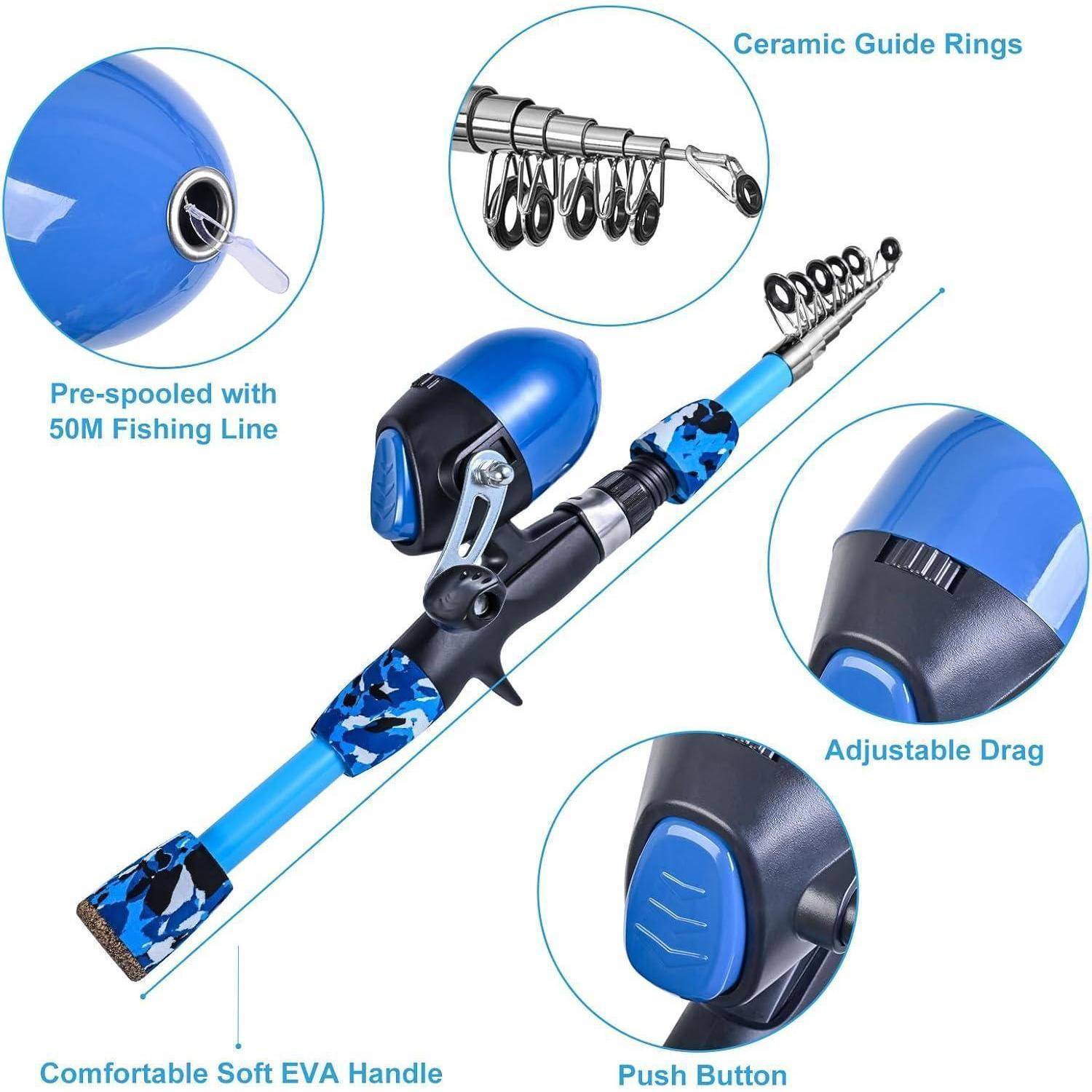 Angelset Kinder Teleskoprute Angelrolle Köderset Blue-1.8M