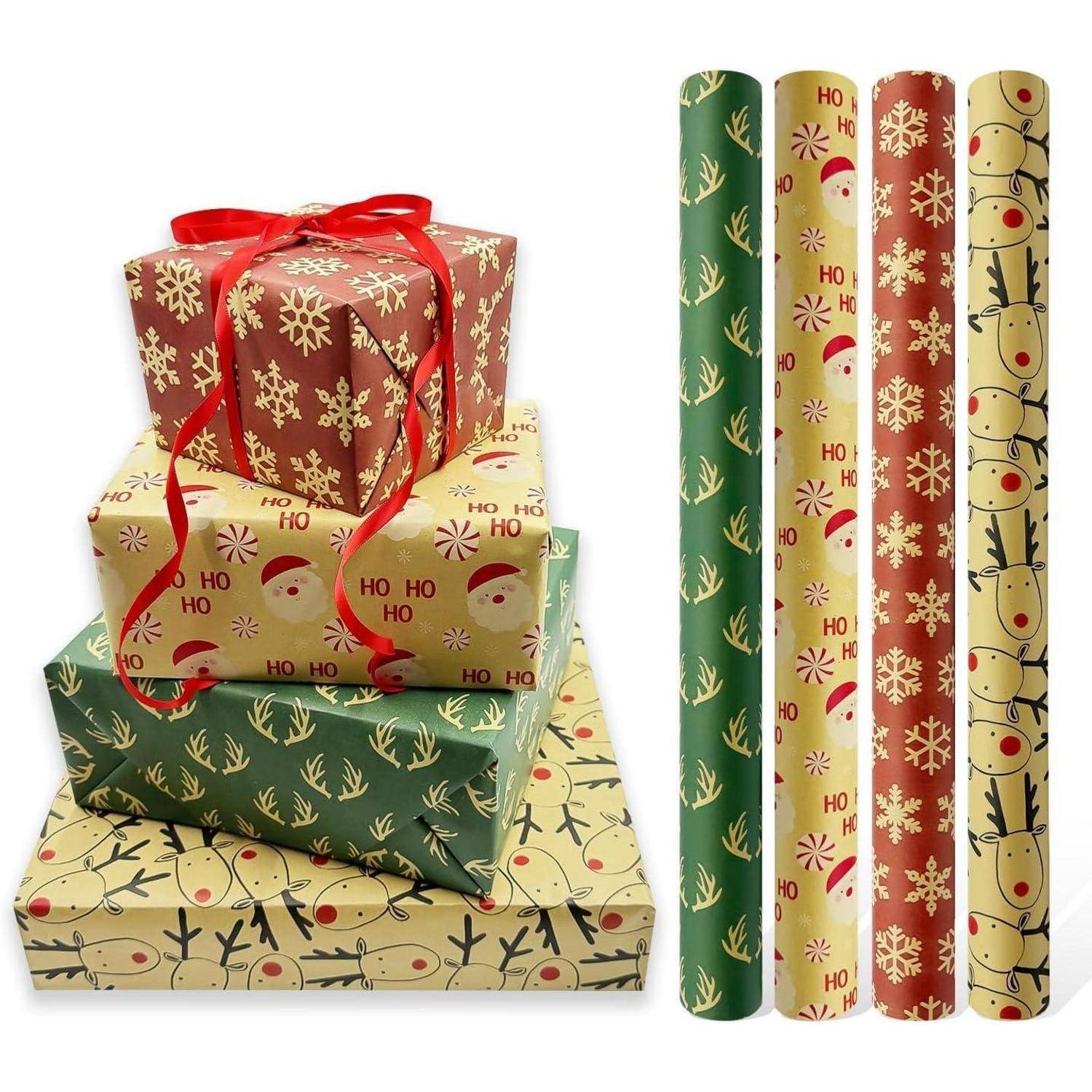 Weihnachtsgeschenkpapier 4 Rollen 43cm x 3m recycelbares Kraftpapier
