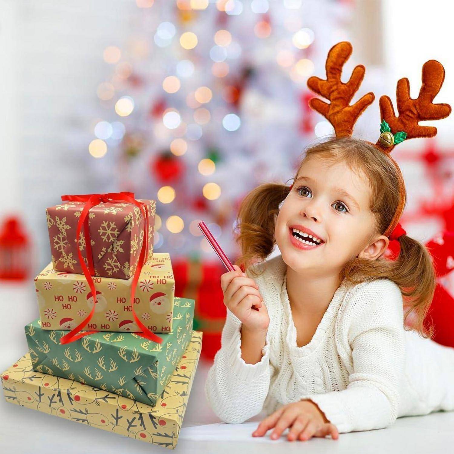 Weihnachtsgeschenkpapier 4 Rollen 43cm x 3m recycelbares Kraftpapier