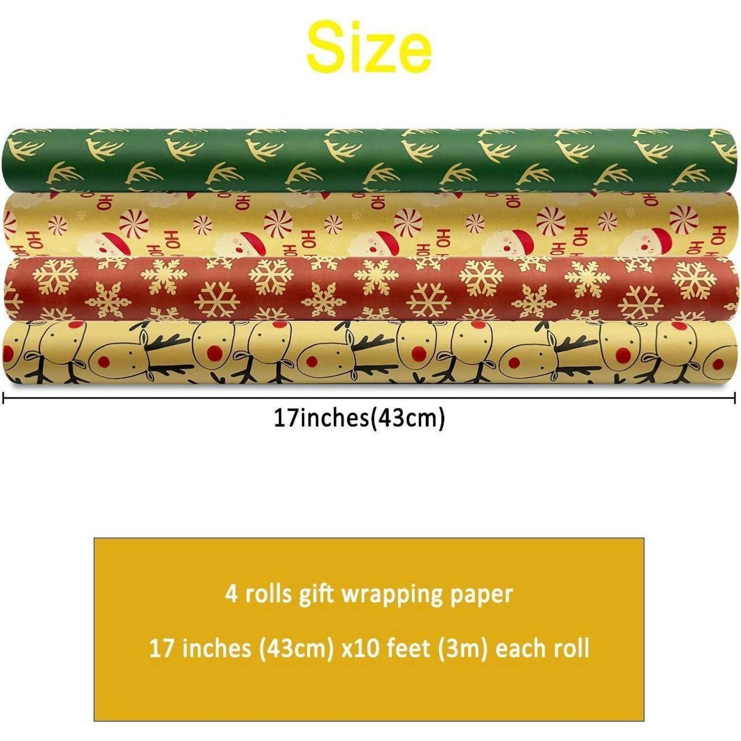 Weihnachtsgeschenkpapier 4 Rollen 43cm x 3m recycelbares Kraftpapier