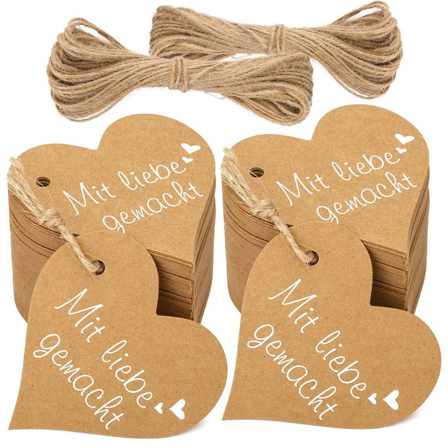 100 Herz Geschenkanhänger Kraftpapier 6 cm Juteschnur