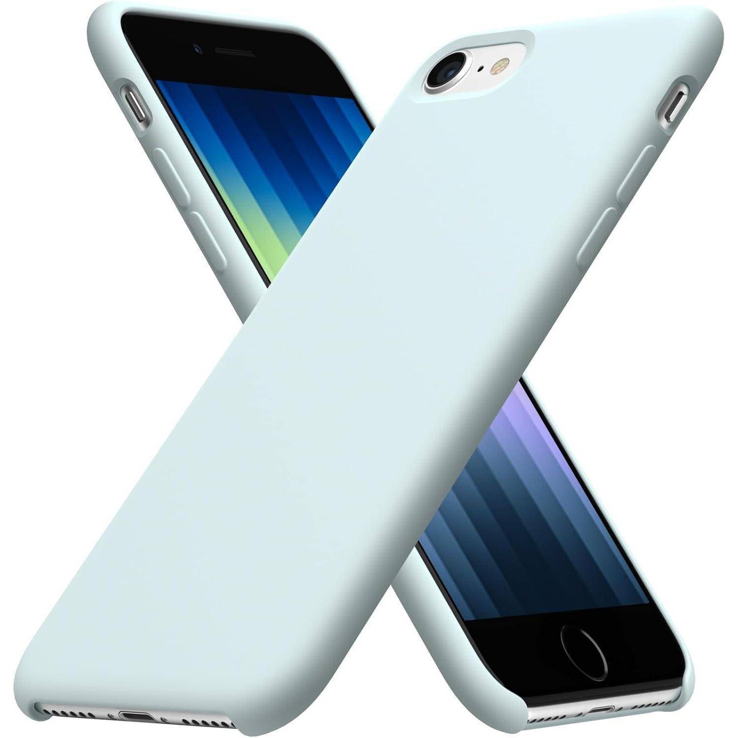 Zwei Smartphones in hellblauen Schutzhüllen sind in einer X-Form vor einem einfarbigen weißen Hintergrund angeordnet.