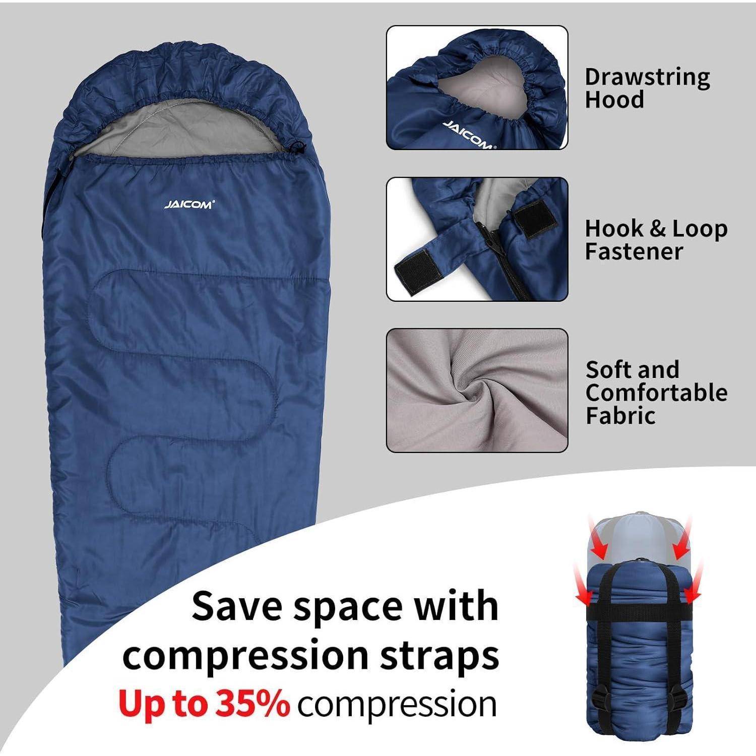 Schlafsack-Merkmale: 'Kordelzug-Kapuze', 'Klett-Verschluss', 'Weiches und bequemes Gewebe'. Ermöglicht bis zu 35% Kompression.