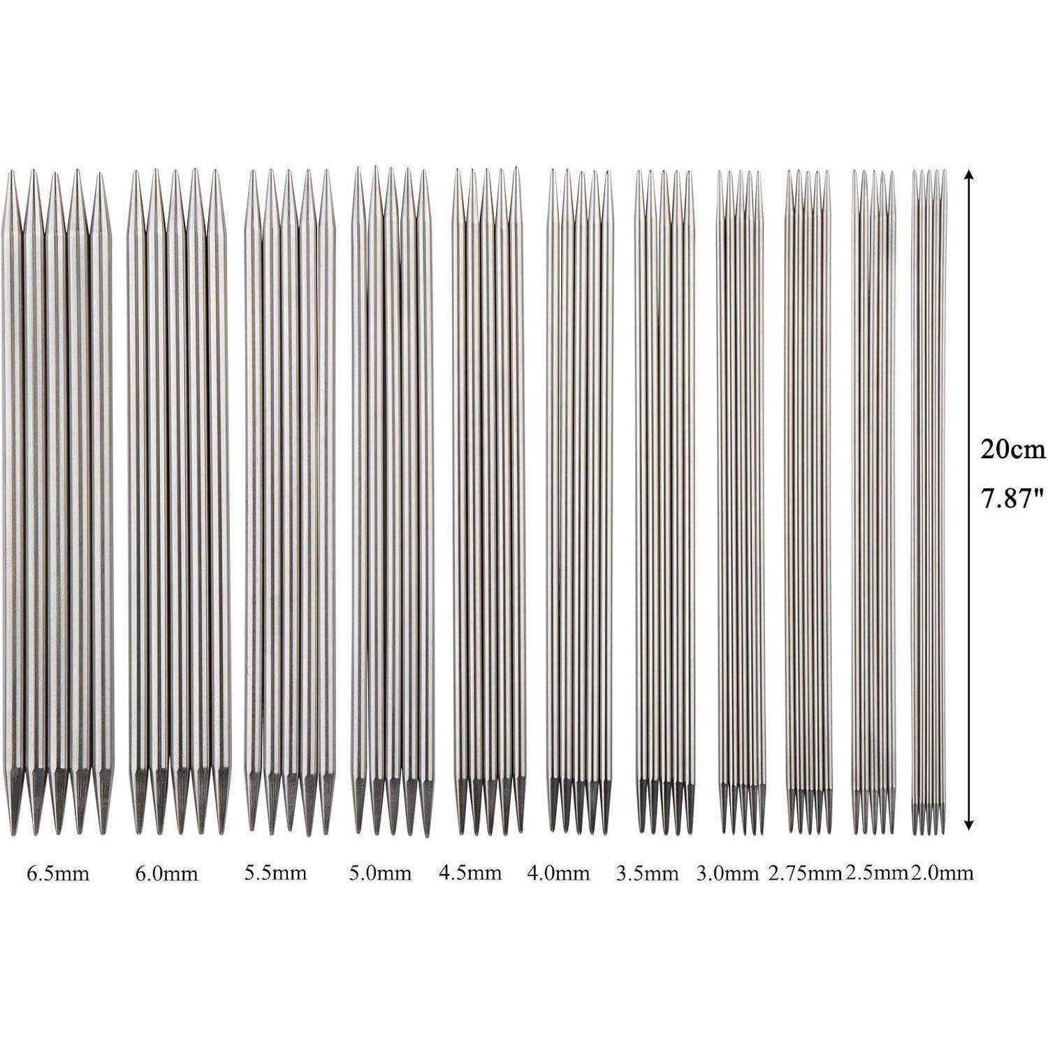 Metallnadeln, sortiert nach Größen von 6,5 mm bis 2,0 mm, mit Längen von 7,87 Zoll und 20 cm, in Reihen auf weißem Hintergrund ausgerichtet.