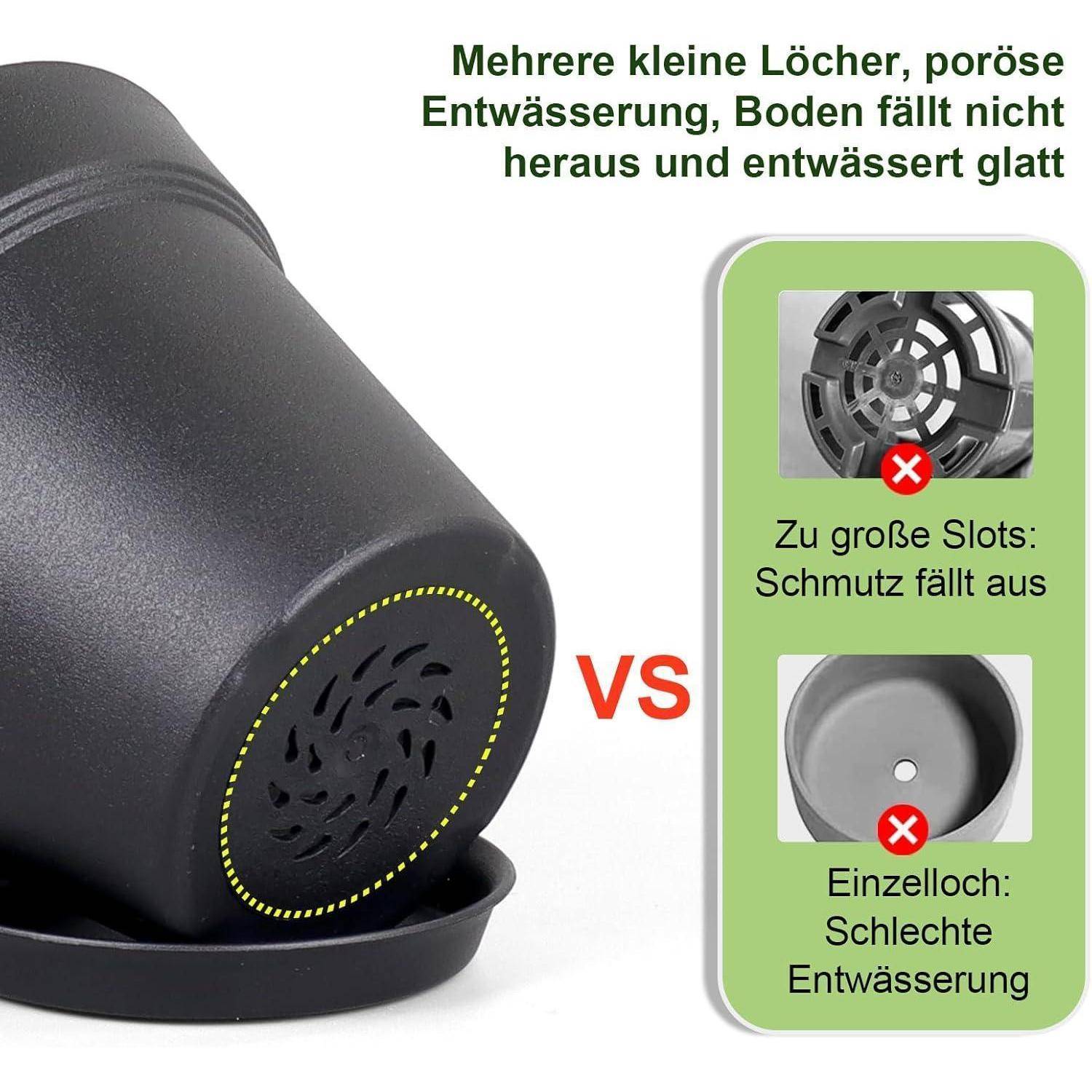 Vergleich zweier Blumentopfdesigns: einer mit mehreren kleinen Entwässerungslöchern für besseren Wasserabfluss, im Gegensatz zu einem anderen mit größeren Schlitzen, die zu einer schlechten Drainage führen.