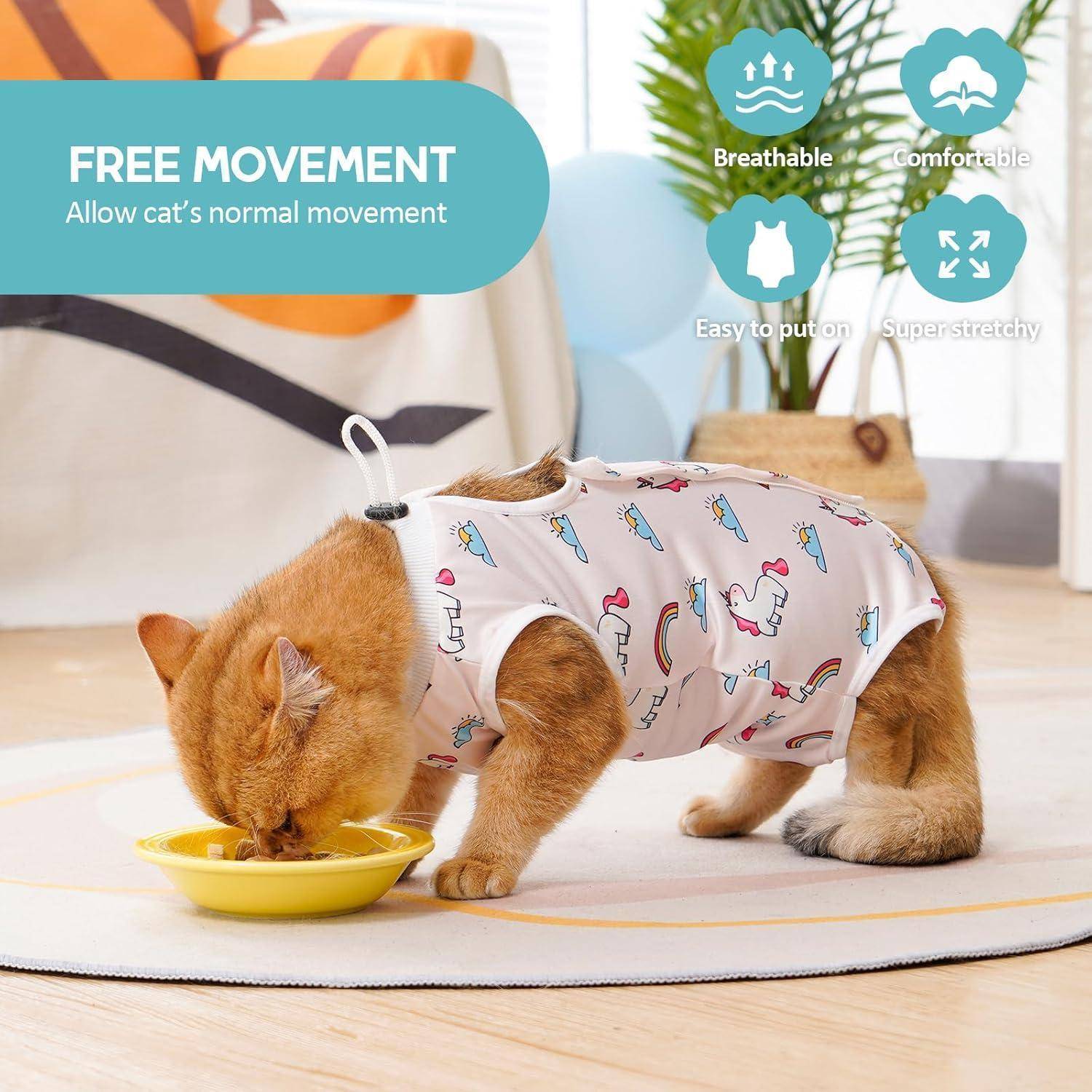 Eine Katze mit gemusterter Weste frisst aus einer gelben Schüssel. Text liest sich: 