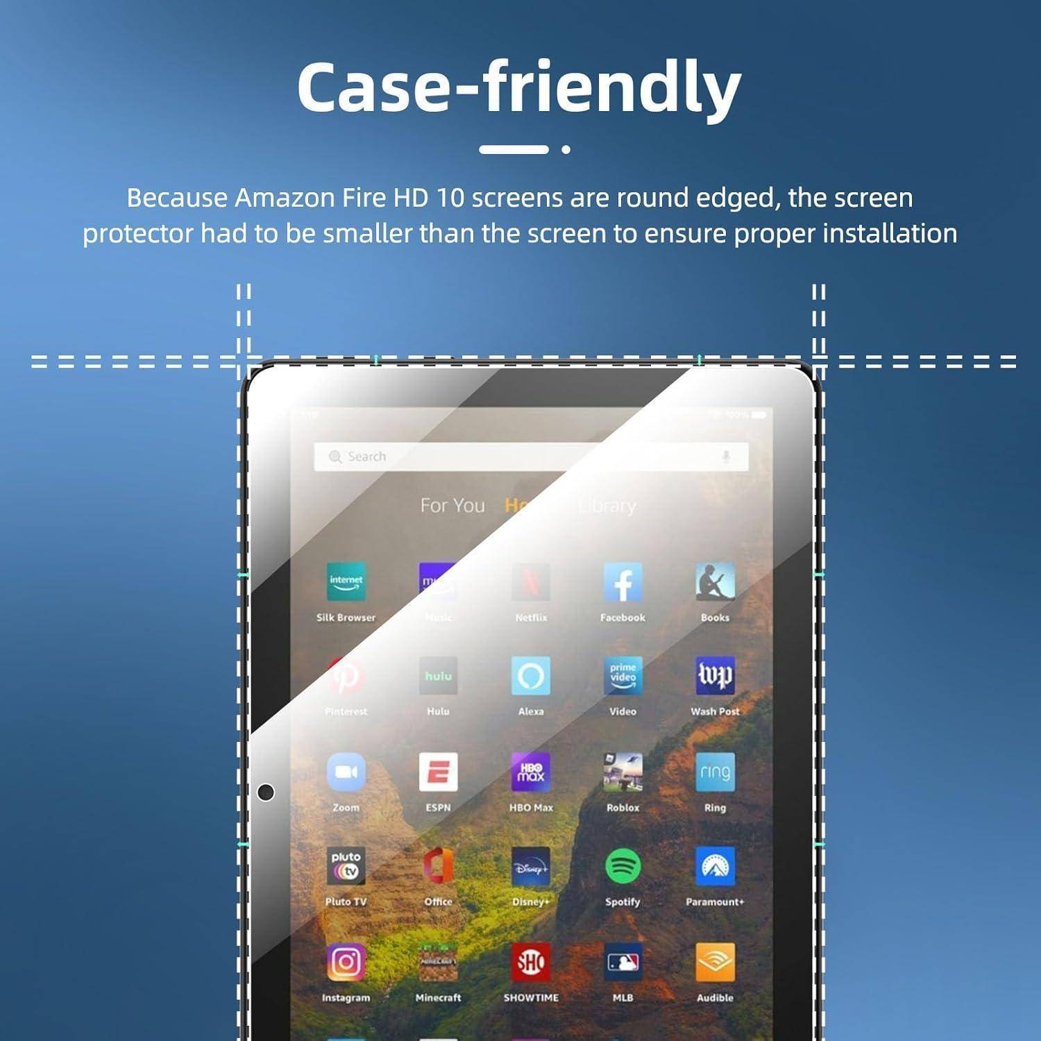 Darstellung eines Tablet-Bildschirms mit Apps, mit Betonung der Gehäusefreundlichkeit. Hinweistext besagt, dass der Displayschutz für einen korrekten Sitz kleiner sein muss.