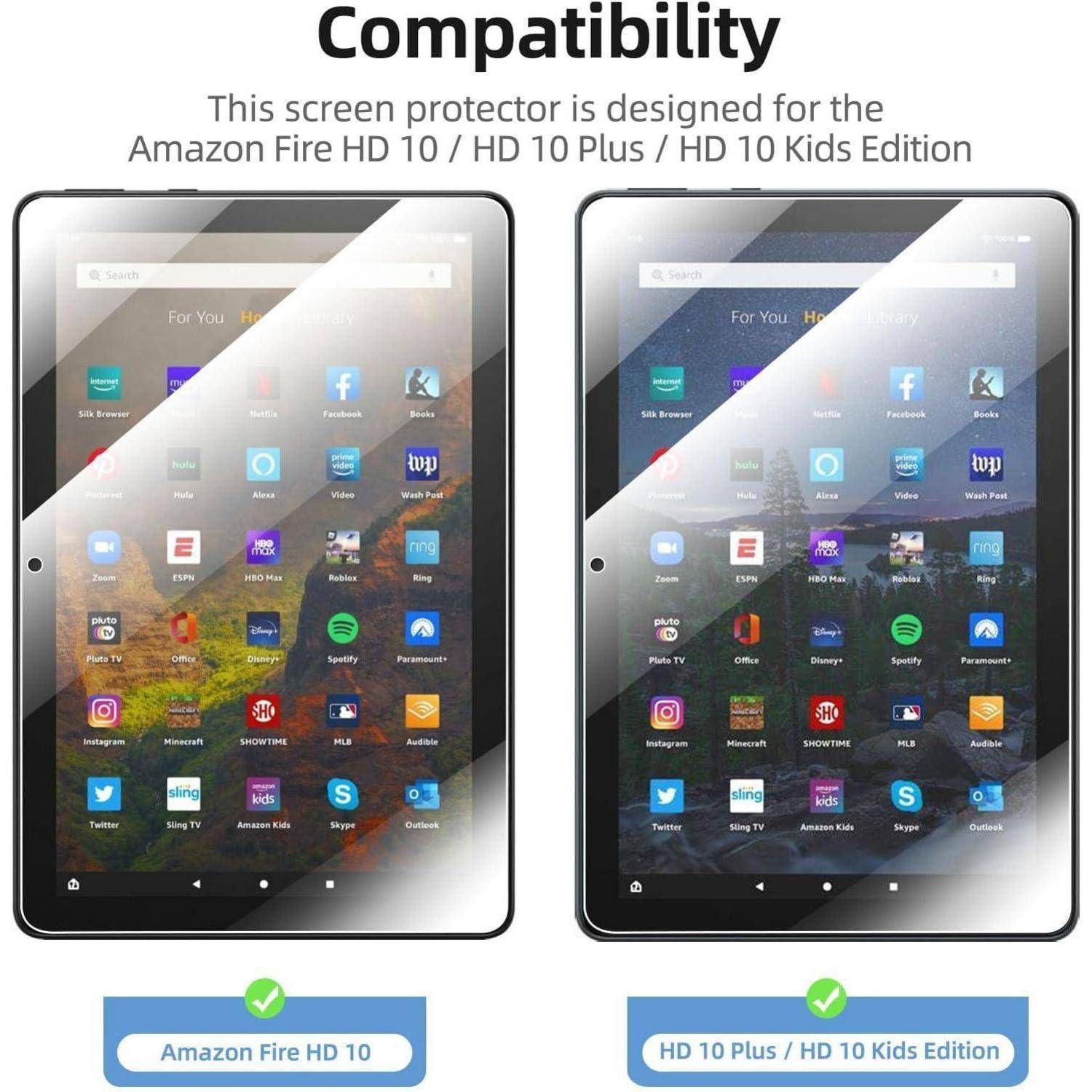 Kompatibilitätsdetails für Schutzfolie, passend für Amazon Fire HD 10, HD 10 Plus und HD 10 Kids Edition Tablets.