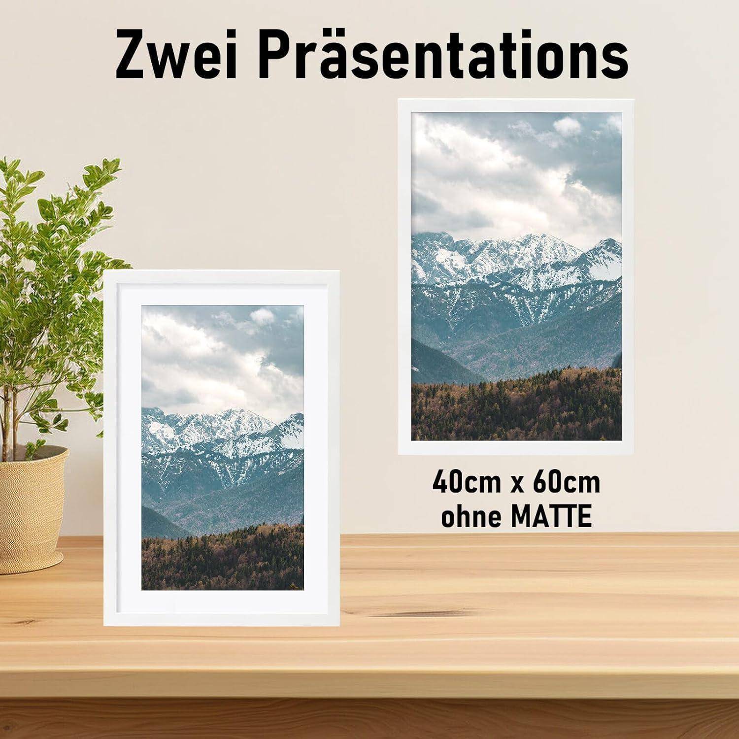 Bilderrahmen 40x60cm Weiß Echtholz mit Passepartout Acrylglas
