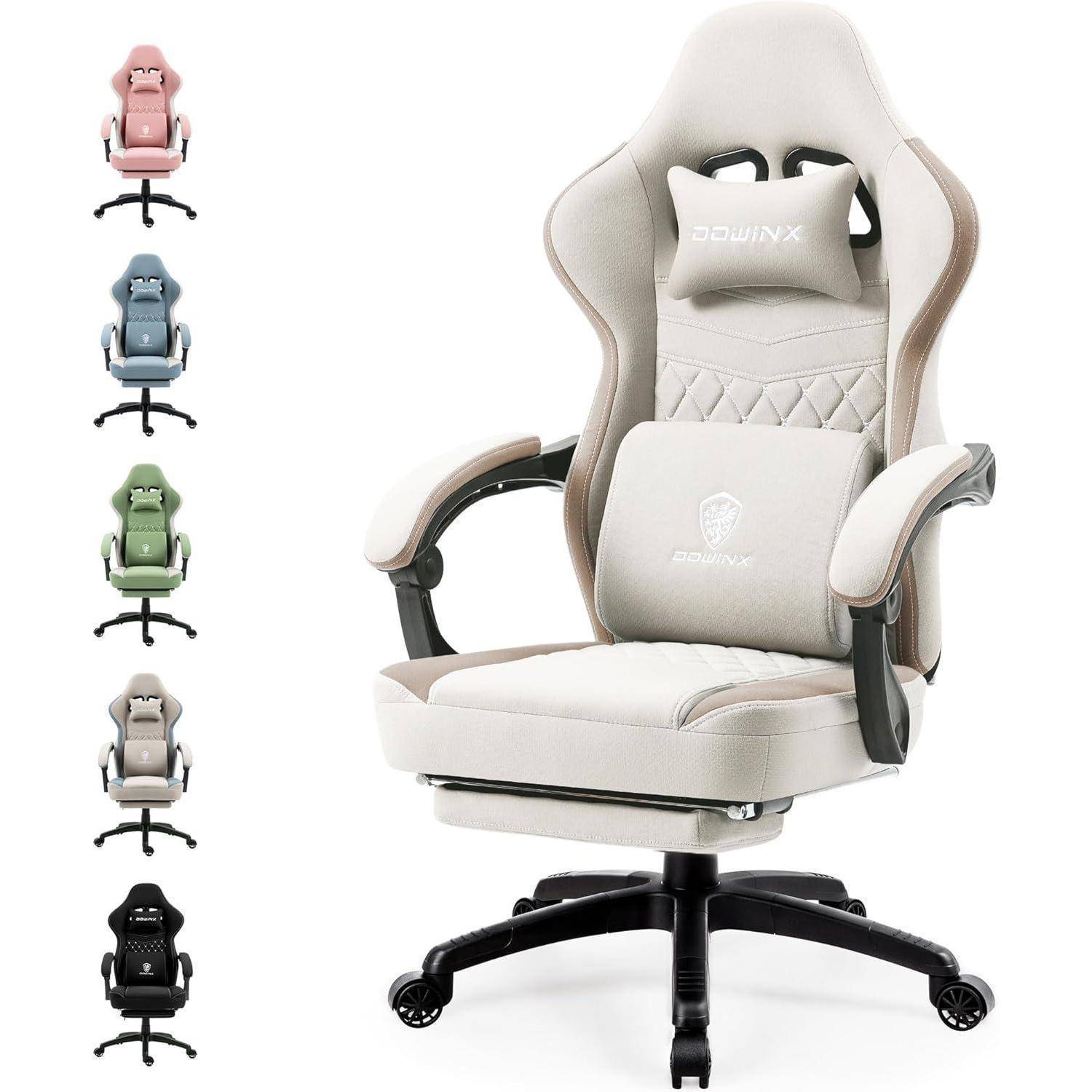 Gaming-Stuhl mit Kopfstütze und Armlehnen, erhältlich in sieben Farben: rosa, grün, blau, grau, beige, braun und schwarz.