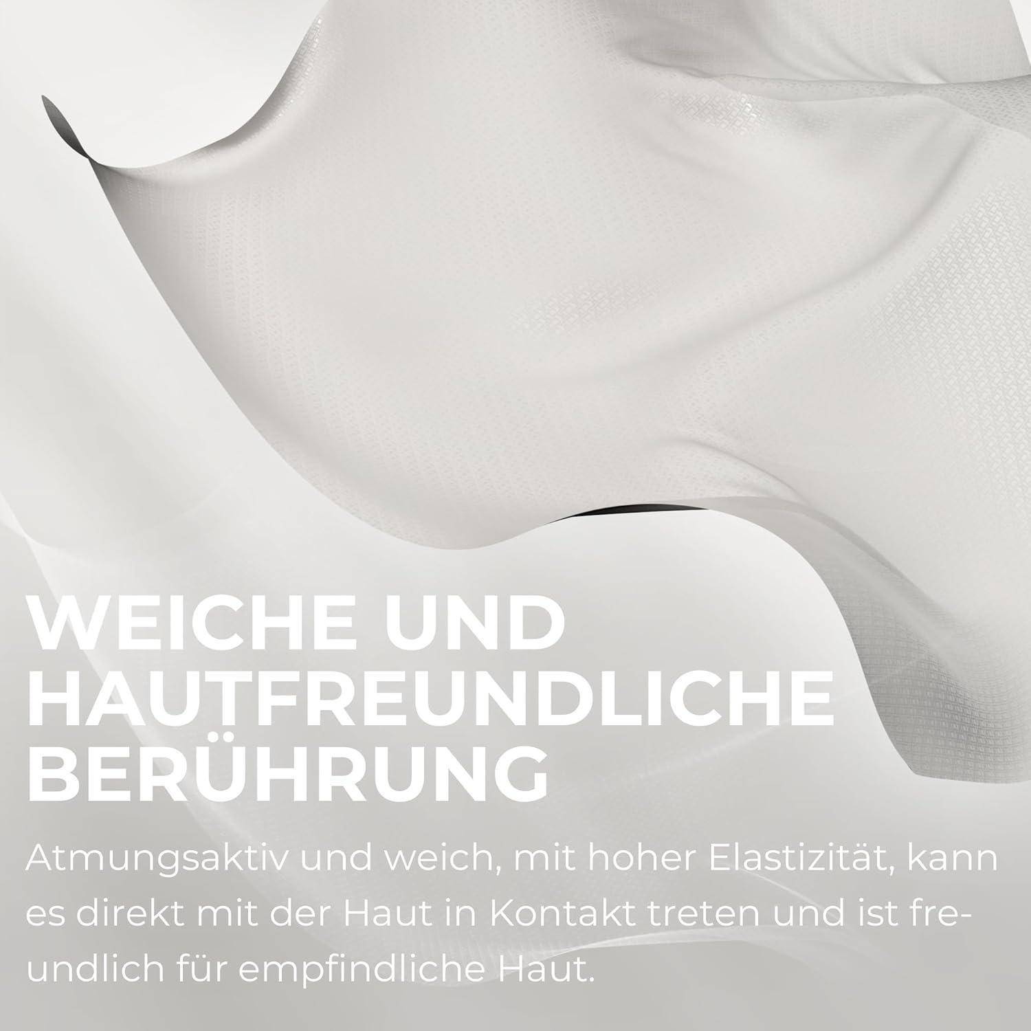 Ein weiches, hautfreundliches Gewebe mit hoher Elastizität wird dargestellt. Der Text auf Deutsch betont die Atmungsaktivität und Eignung für empfindliche Haut.