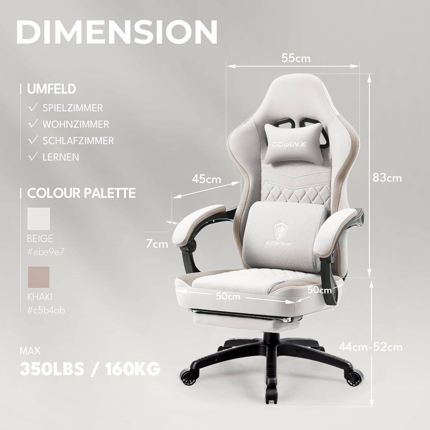 Gaming-Stuhl Abmessungen und Eigenschaften: 55 cm breit, 53 cm tief, 85 cm hoch; geeignet für Schlafzimmer, Fernseher-Raum oder Arbeitszimmer. Maximales Gewicht: 350 Pfund/160 kg. Farben: Beige und Khaki.