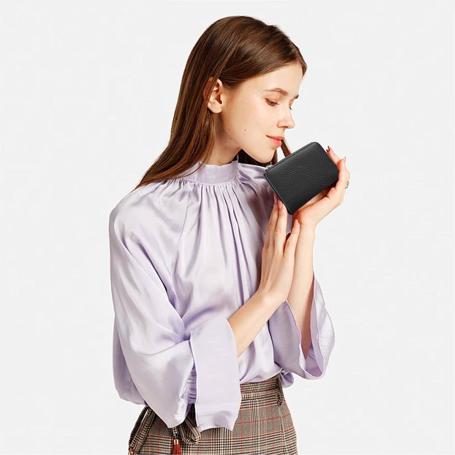 Damen Geldbörse Klein Leder RFID Schutz Schwarz, 6 Kartenfächer