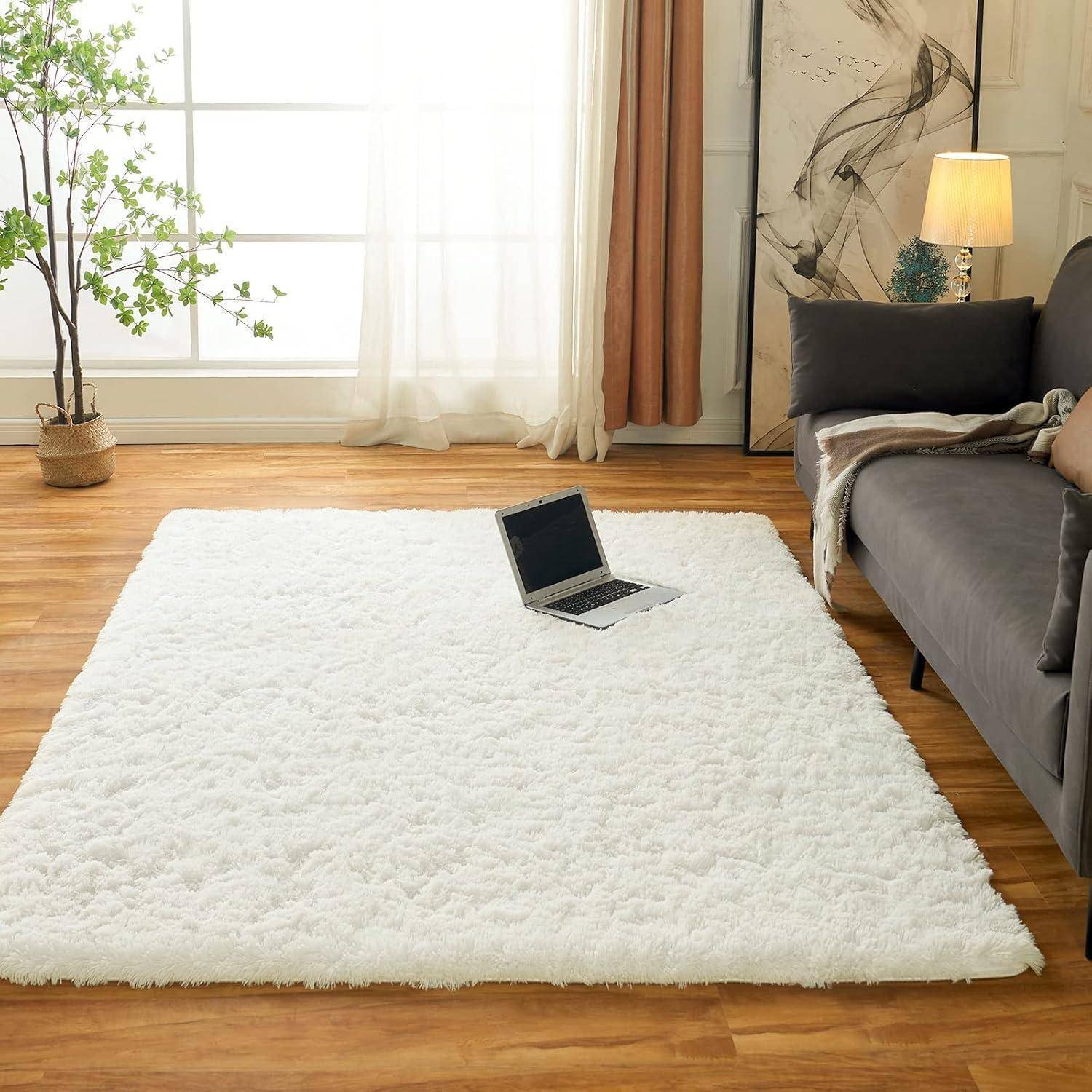 Ein gemütliches Wohnzimmer mit einem flauschigen weißen Teppich, einem Laptop auf dem Boden, einem grauen Sofa, einer Stehlampe, abstrakten Kunstwerken und einer Zimmerpflanze.