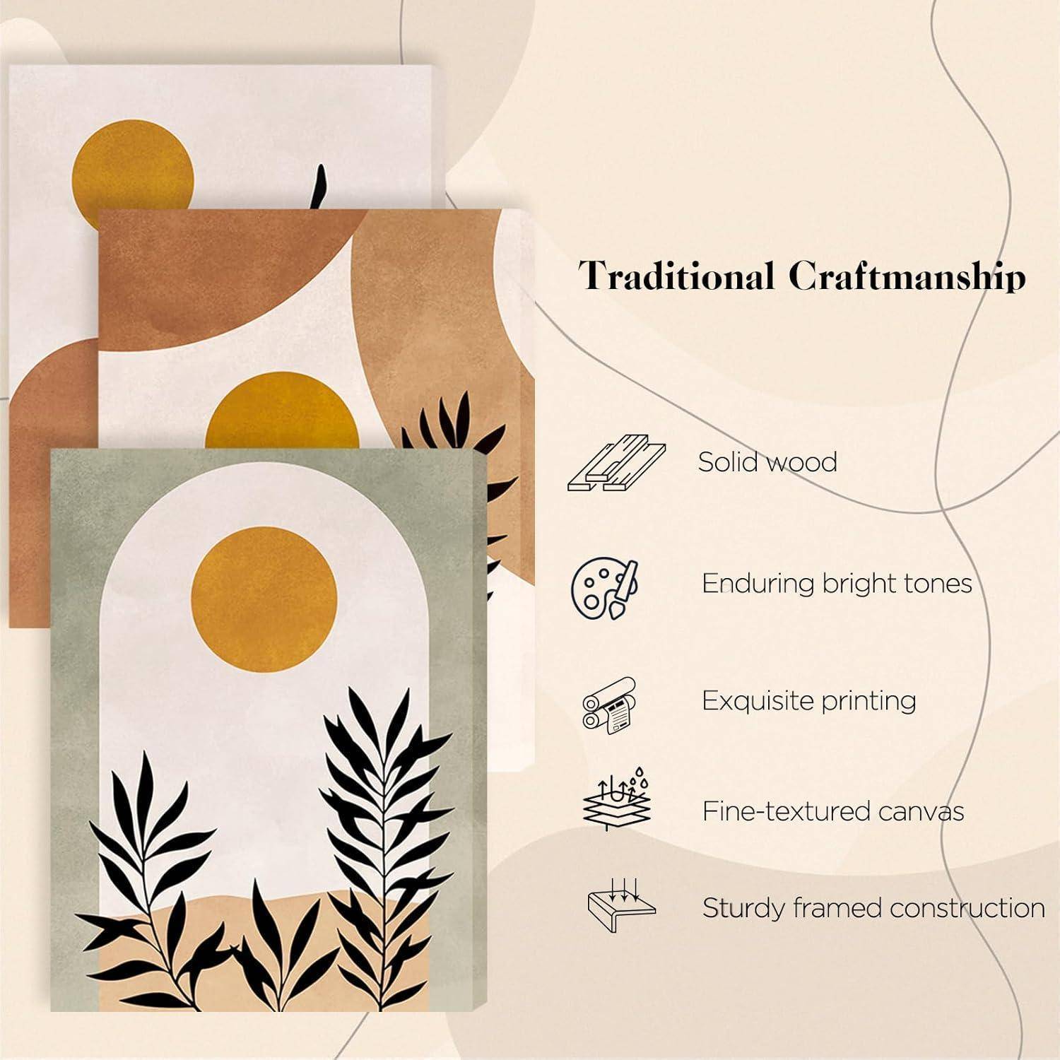 ‚Traditionelles Handwerk' wird mit Illustrationen von Holztexturen und Pflanzen hervorgehoben. Zu den Merkmalen gehören Vollholz, helle Töne, exquisiter Druck und fein strukturierte Leinwand.