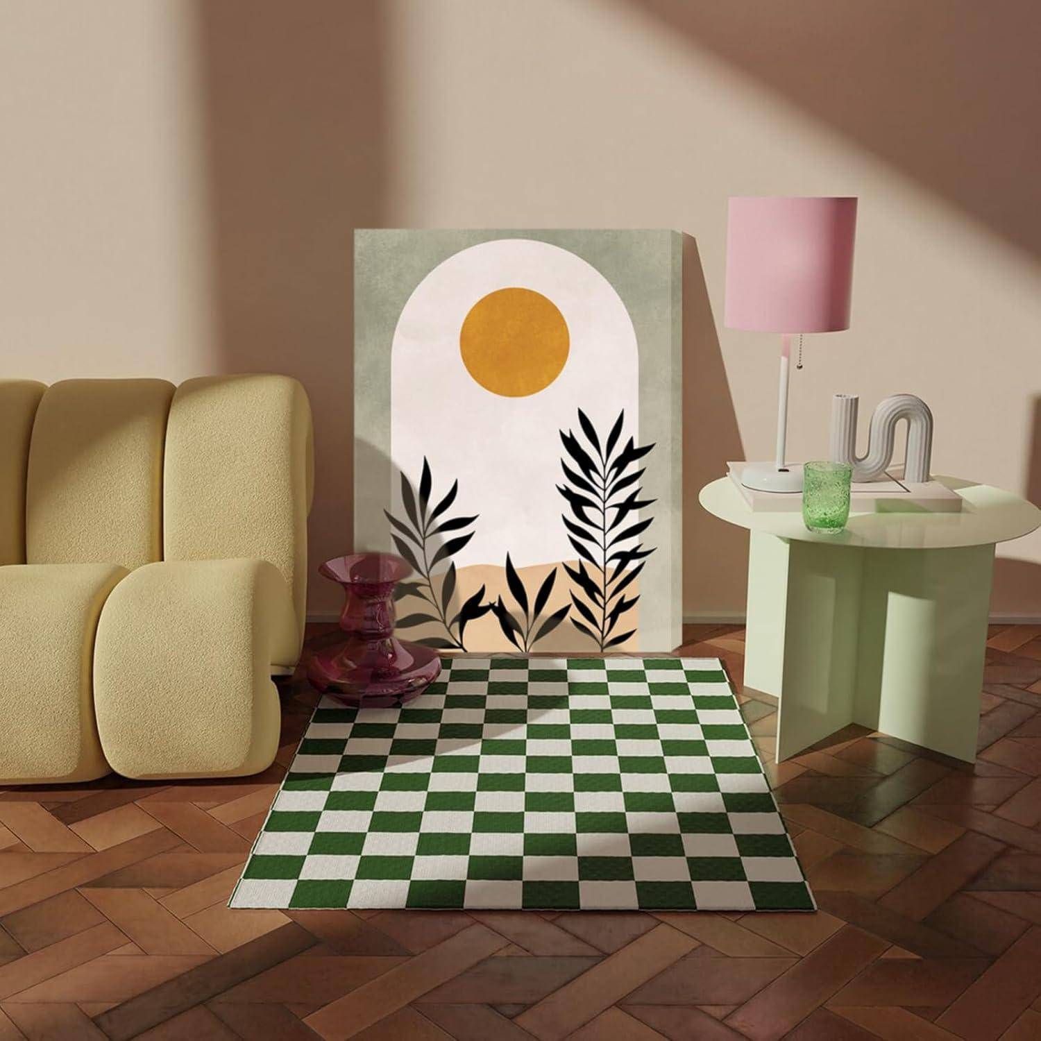 Ein gemütliches Wohnzimmer zeigt ein hellgrünes Sofa, einen grünen Tisch mit einer rosa Lampe und ein Kunstwerk mit Blättern unter einer Sonne, platziert auf einem karierten Teppich.