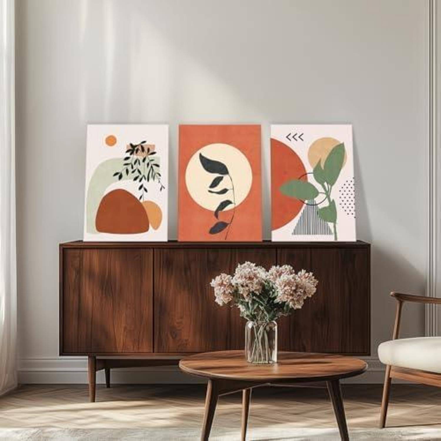 Ein modernes Wohnzimmer mit einem Holzsideboard, auf dem drei abstrakte Kunstwerke ausgestellt sind. Im Vordergrund ein Couchtisch mit einem Blumenarrangement.