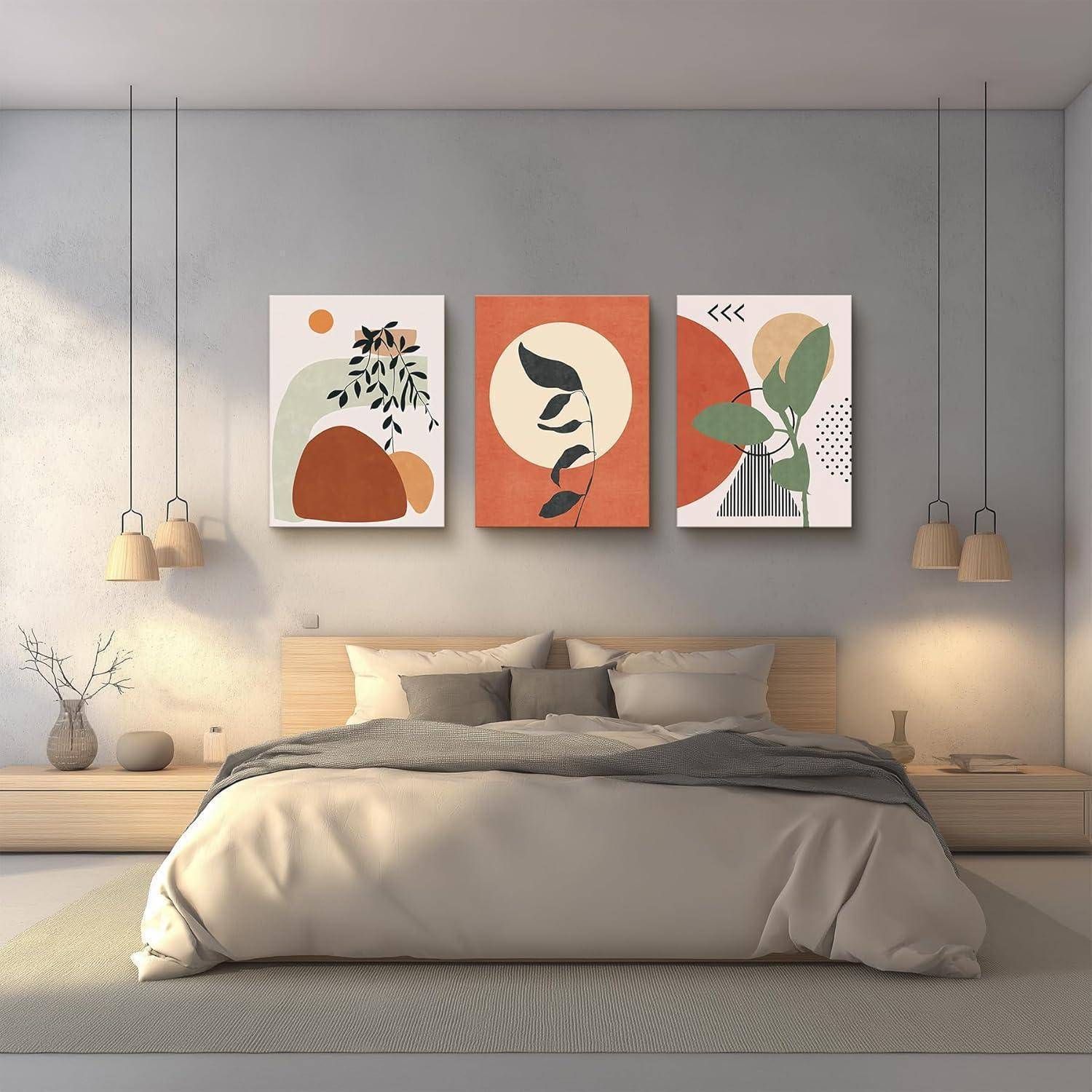 Boho Bilder Wandbilder Orange Abstract Blätter Sonne Leinwand 50x70cm