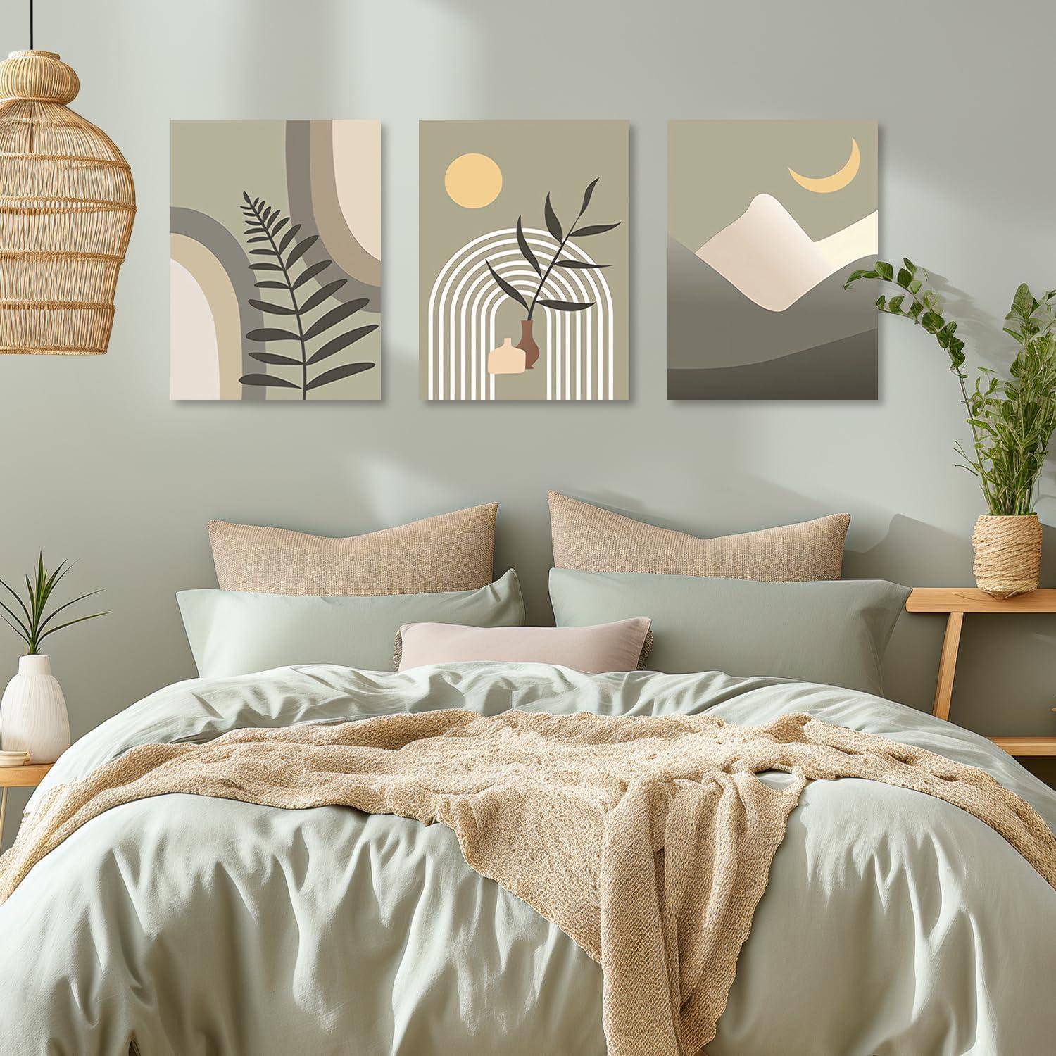 Boho Abstrakte Wandbilder Sonne Mond Salbei Grün Leinwand Bilder 30x40