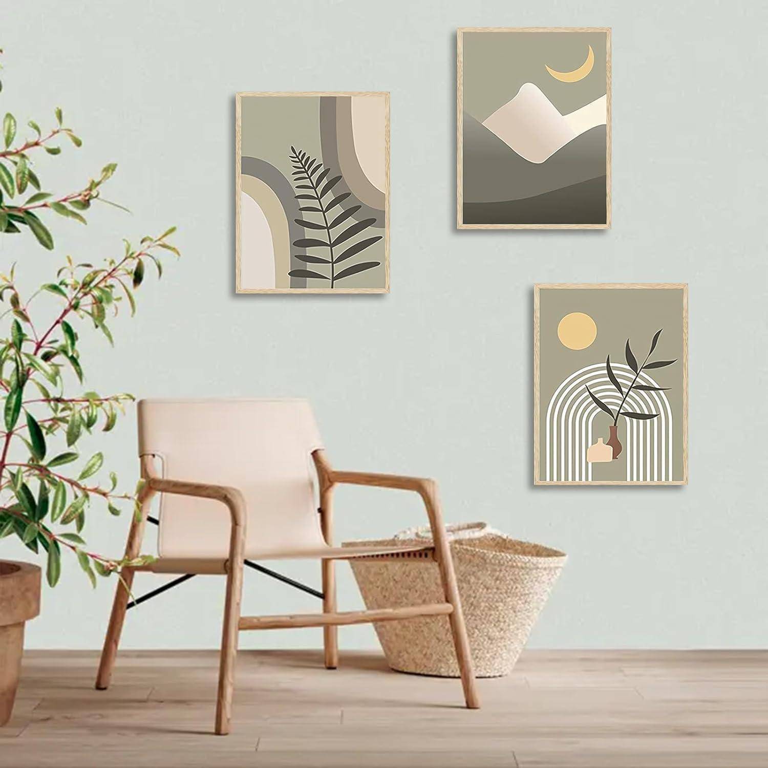 Boho Abstrakte Wandbilder Sonne Mond Salbei Grün Leinwand Bilder 30x40