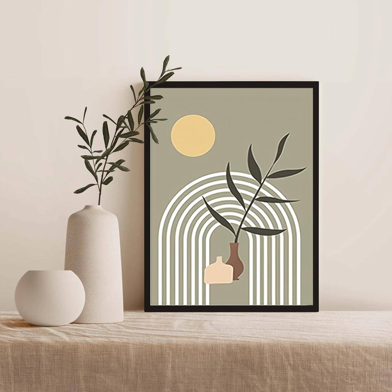 Boho Abstrakte Wandbilder Sonne Mond Salbei Grün Leinwand Bilder 30x40