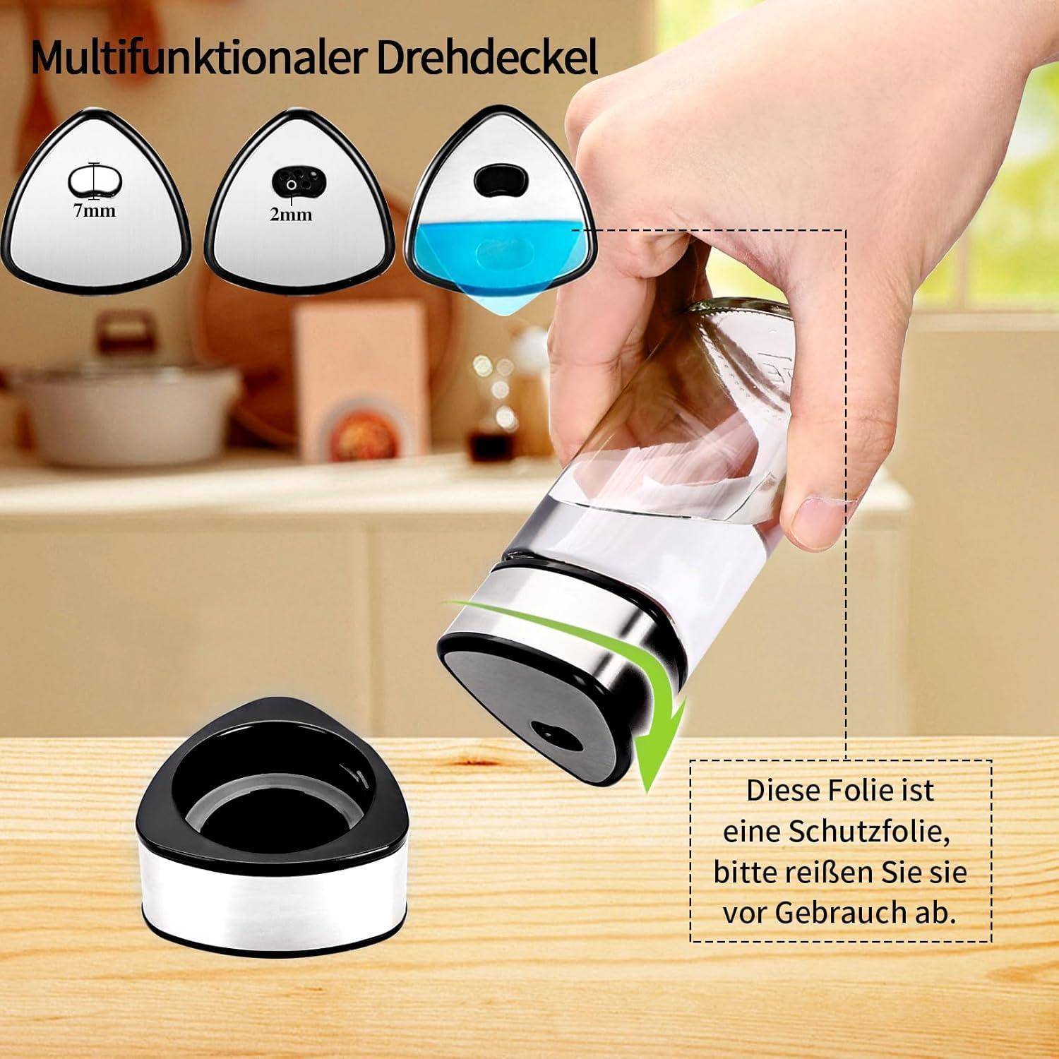 Eine Hand, die eine Flasche mit auswechselbaren Deckeln hält. Text: 'Multifunktionaler Drehdeckel' zeigt 7mm-, 2mm- und verschlossene Optionen.