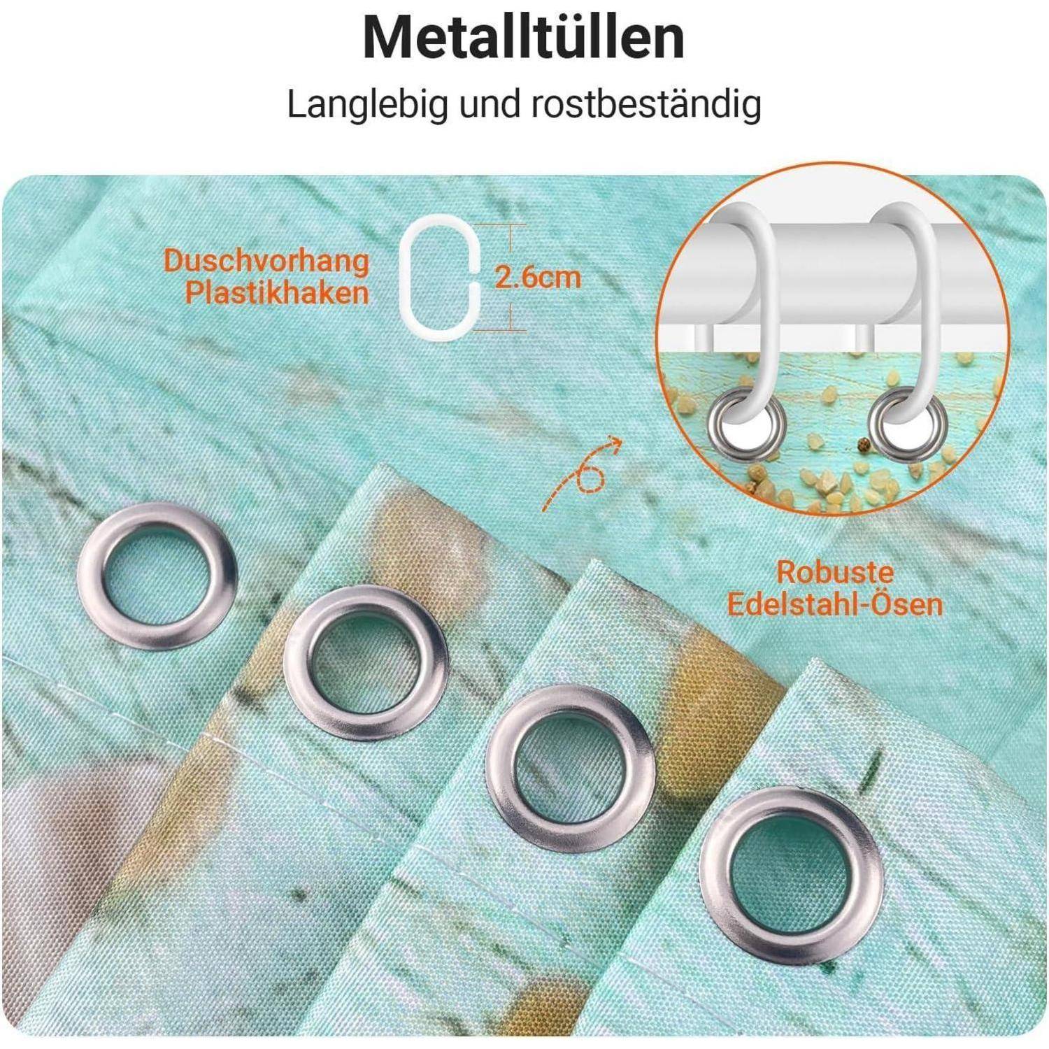Duschvorhang mit Metallösen und Kunststoffhaken auf einer Stange. Der Text beschreibt Langlebigkeit und Rostbeständigkeit, mit einer Hakengröße von 2,6 cm.