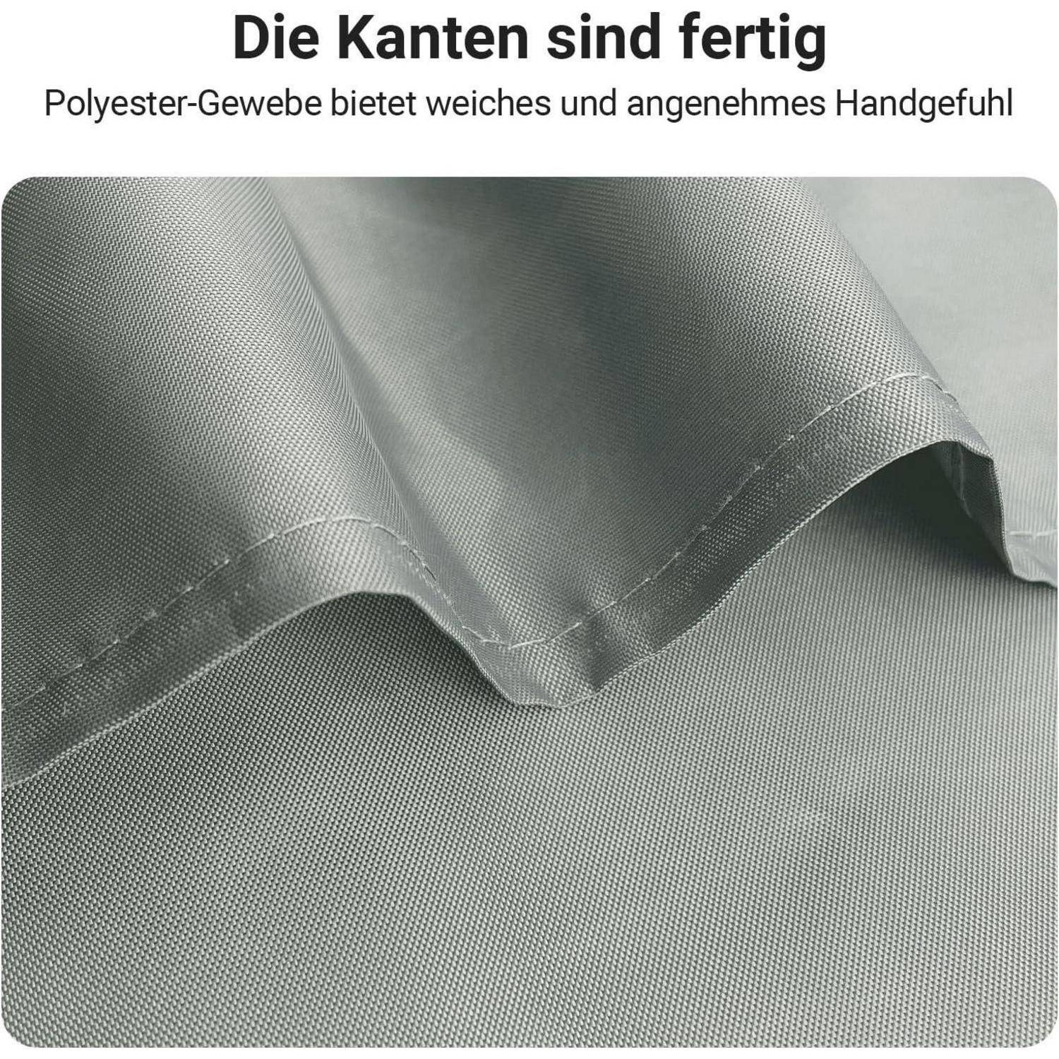 Nahaufnahme von grauem Polyesterstoff mit glatter Textur und gesteppten Kanten, begleitet von deutschem Text, der besagt 