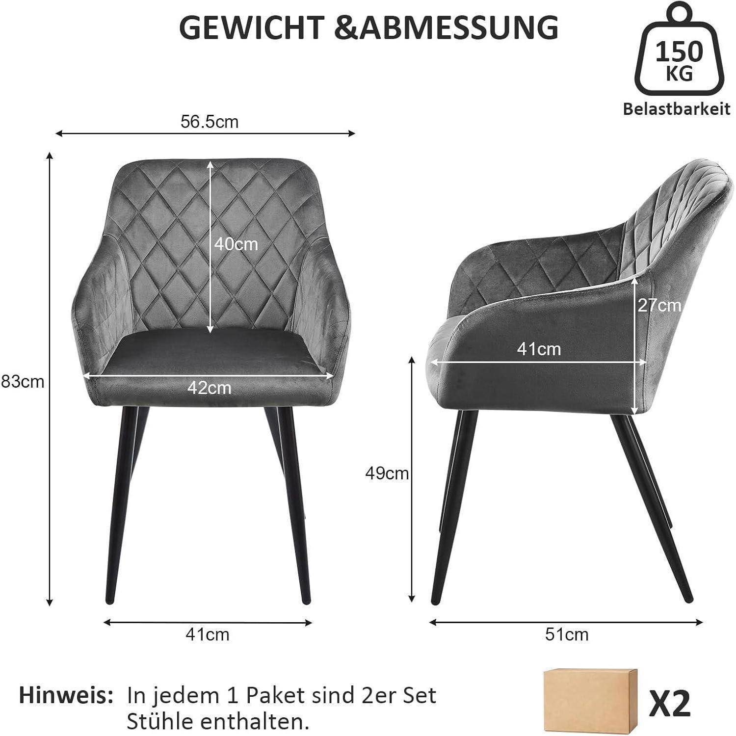 Zwei graue Polsterstühle mit Rautensteppung auf der Rückenlehne; Maße: Höhe 83 cm, Breite 56,5 cm, Tiefe 51 cm; Tragfähigkeit 150 kg.