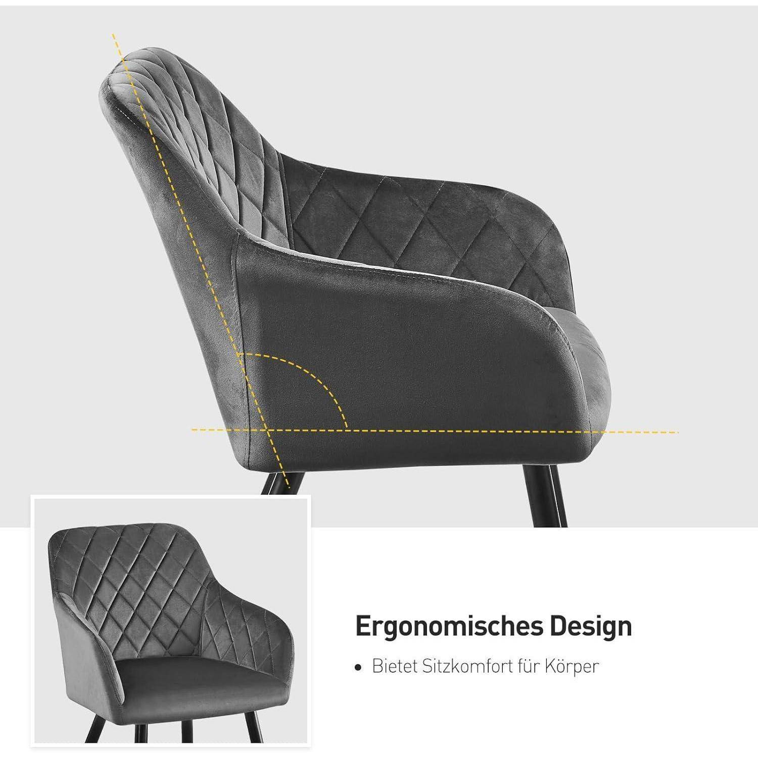 Grauer gepolsterter Stuhl mit gesteppter Rückenlehne, gekennzeichnet mit 'Ergonomisches Design'. Bietet Körperkomfort mit Fokus auf ergonomisches Sitzen.