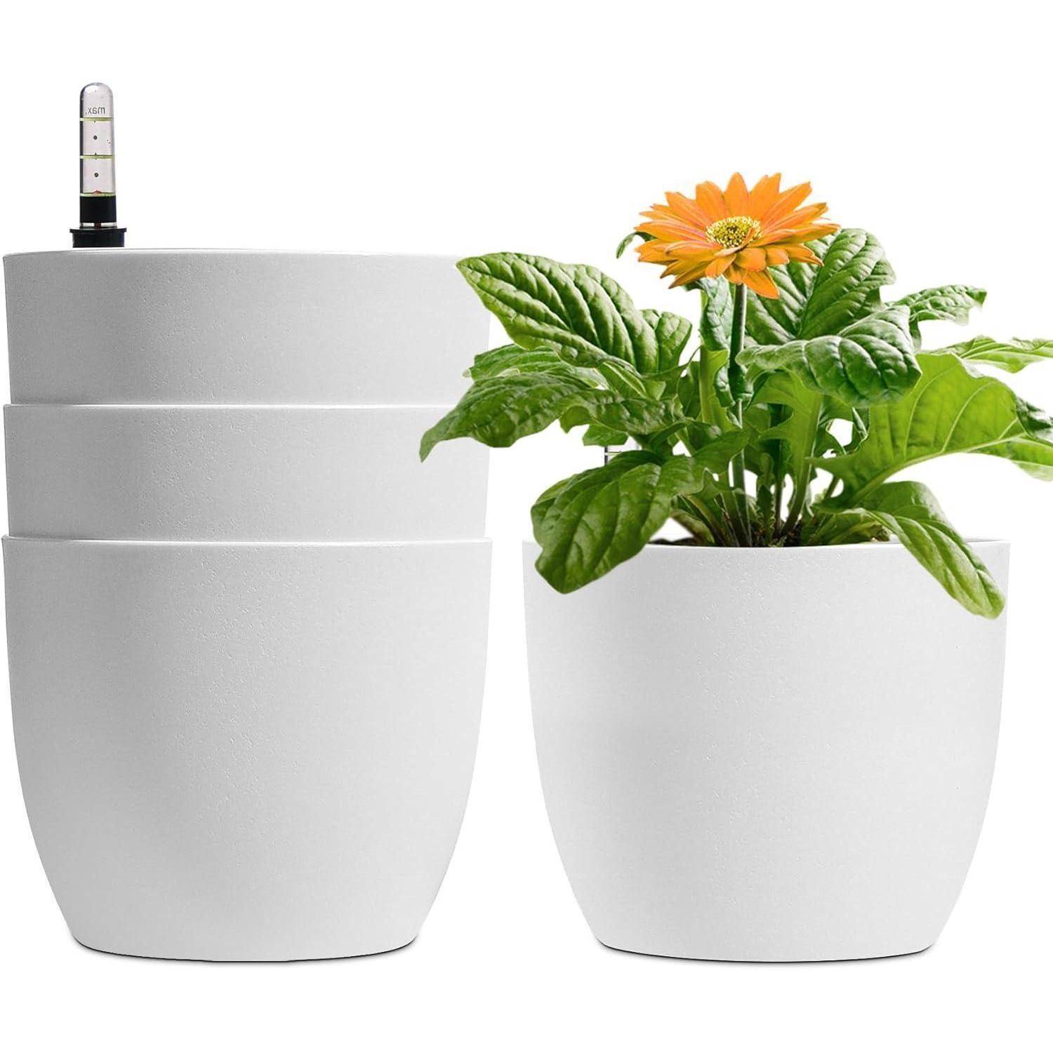 15cm Selbstwässernder Blumentopf mit Wasseranzeiger Weiß 4er-Set