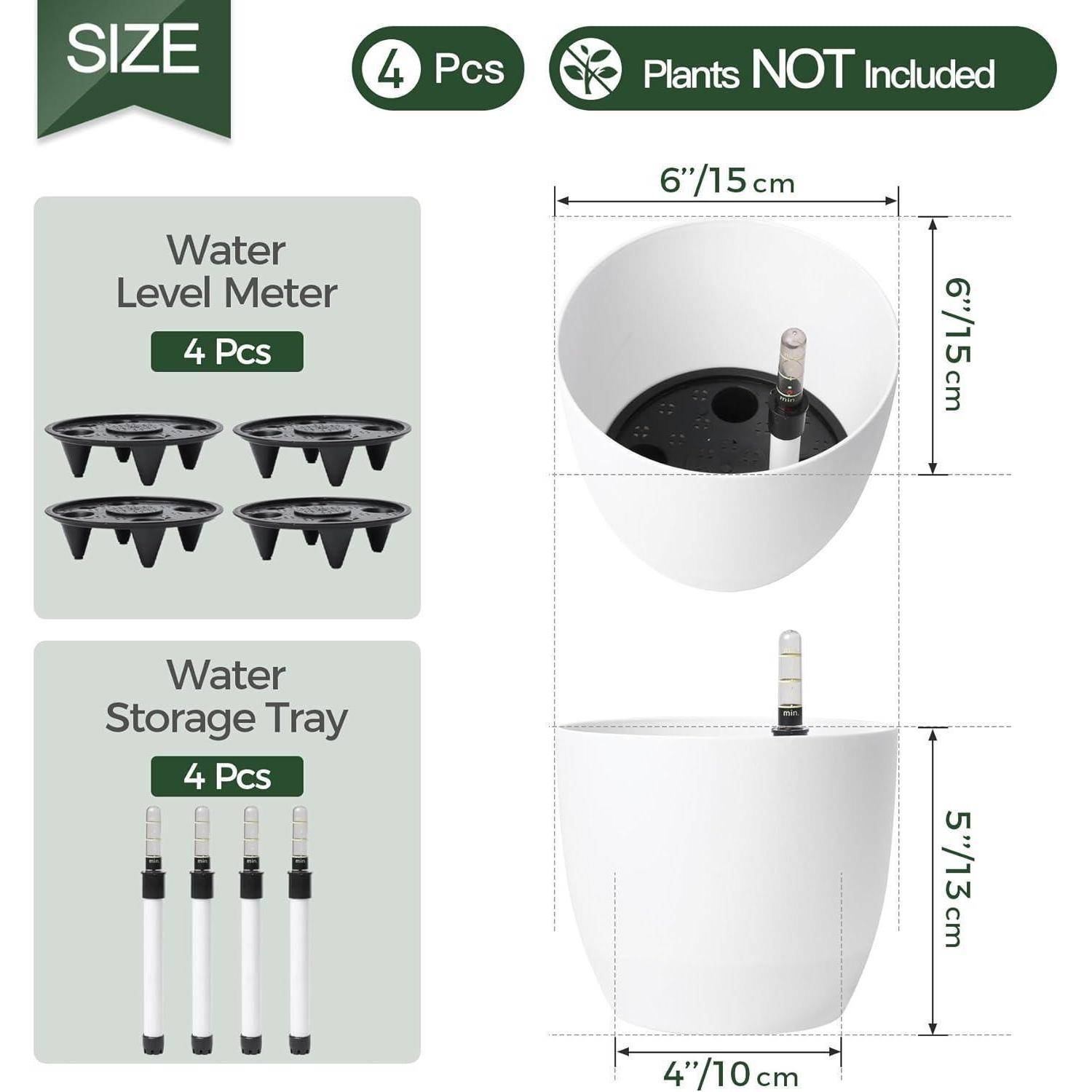 15cm Selbstwässernder Blumentopf mit Wasseranzeiger Weiß 4er-Set