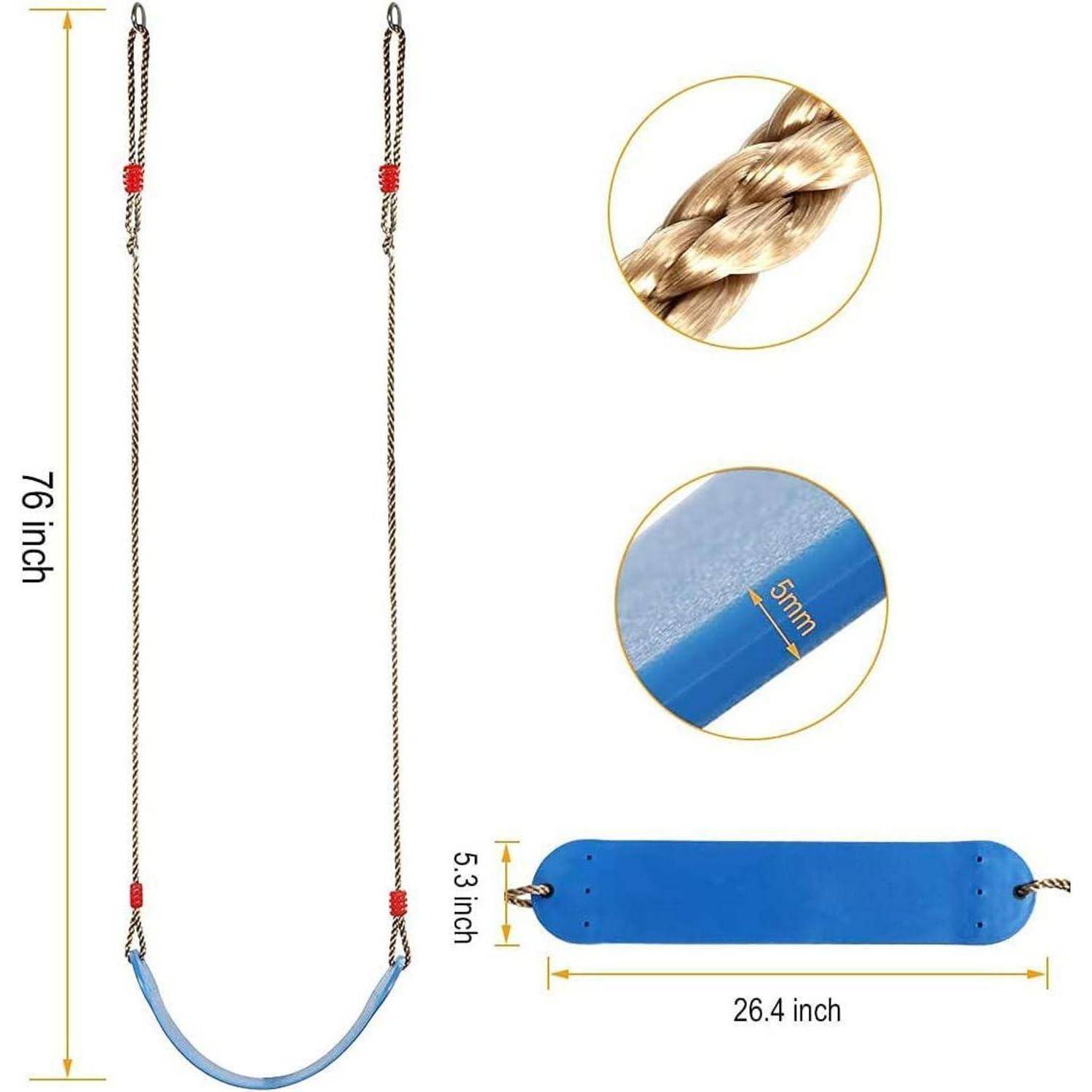 Schaukelgestell-Abmessungen: Schaukel ist 193 cm hoch, Sitz ist 67 cm breit und 13,5 cm tief. Seildetails und Dicke aus der Nahaufnahme dargestellt.