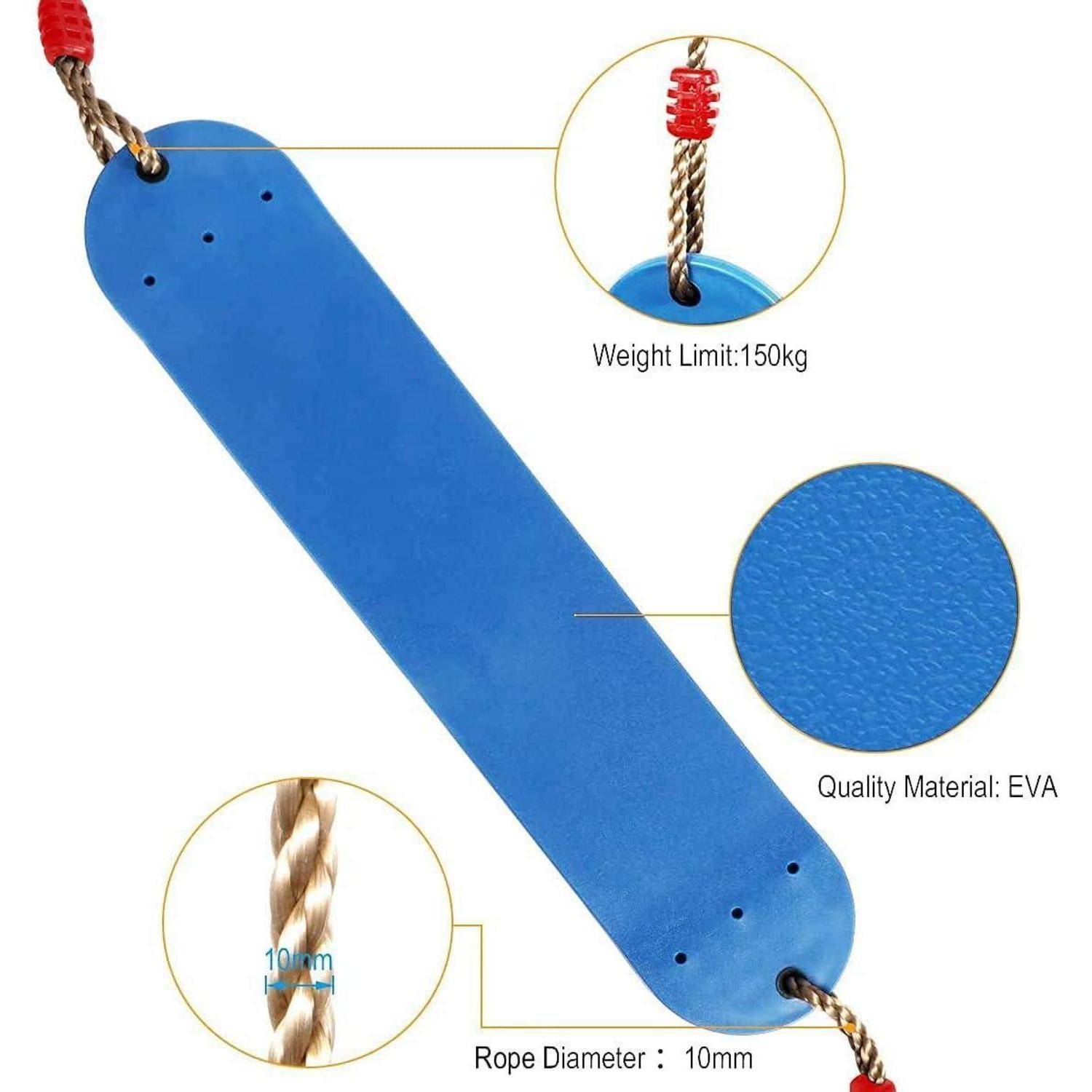 Blauer Schaukelsitz mit einer Gewichtsbelastbarkeit von 150 kg. Hergestellt aus strapazierfähigem EVA-Material. Lässt sich an ein Seil mit 10 mm Durchmesser befestigen.