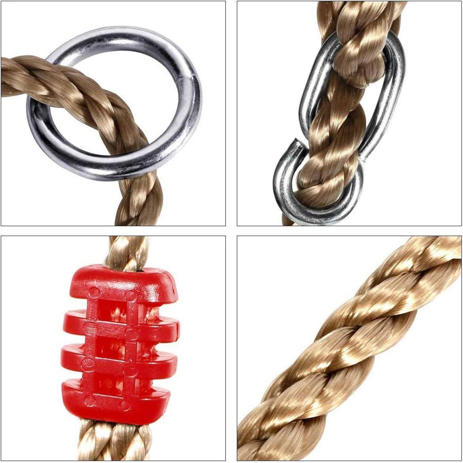 Vier Nahaufnahmen eines geflochtenen Seils zeigen verschiedene Verbindungsmethoden: Metallring, Metallclip, roter Plastikclip und ein einfacher geflochtener Abschnitt.